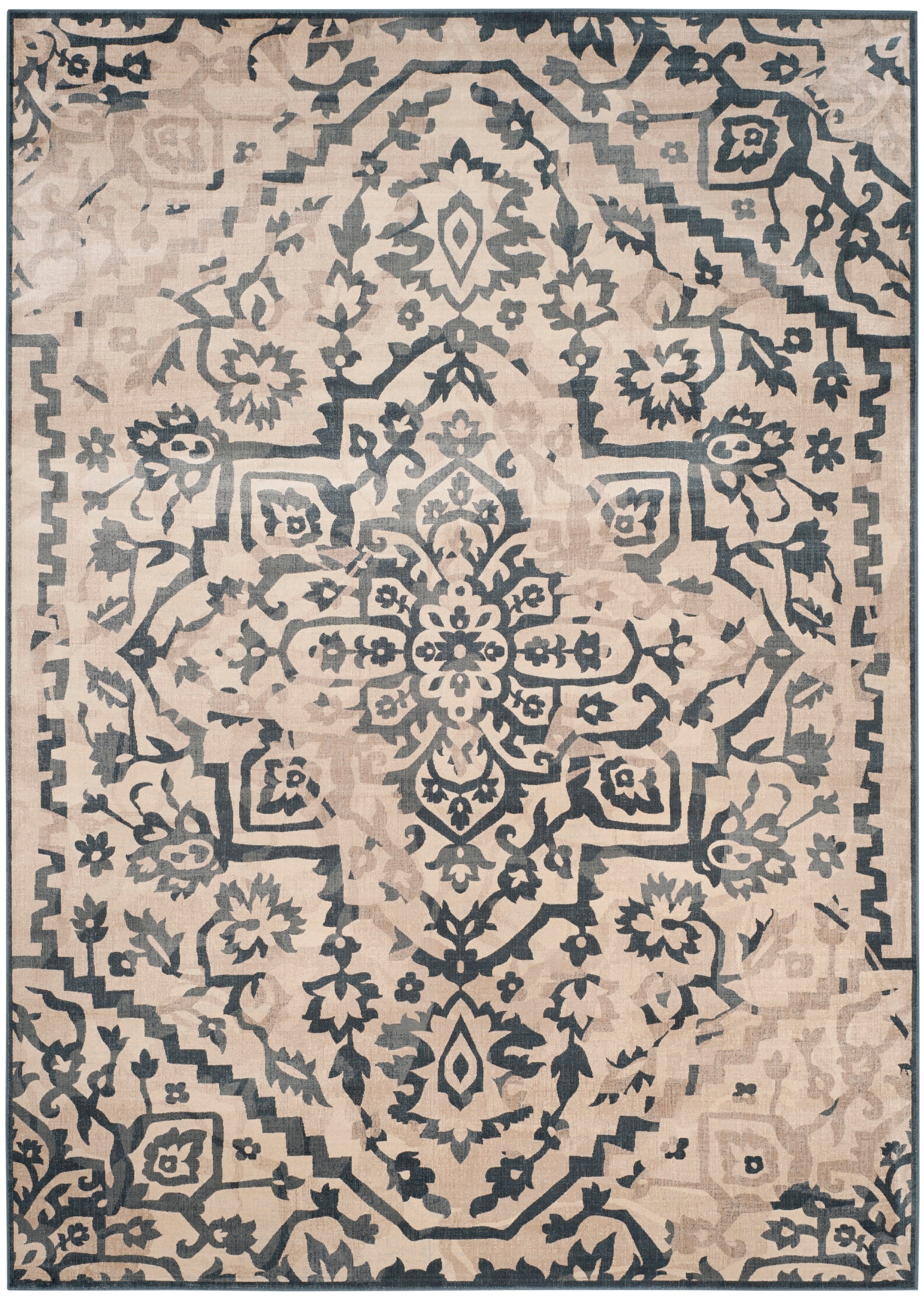 Vintage Cream and Blue Rectangular 9' x 12' Viscose Area Rug