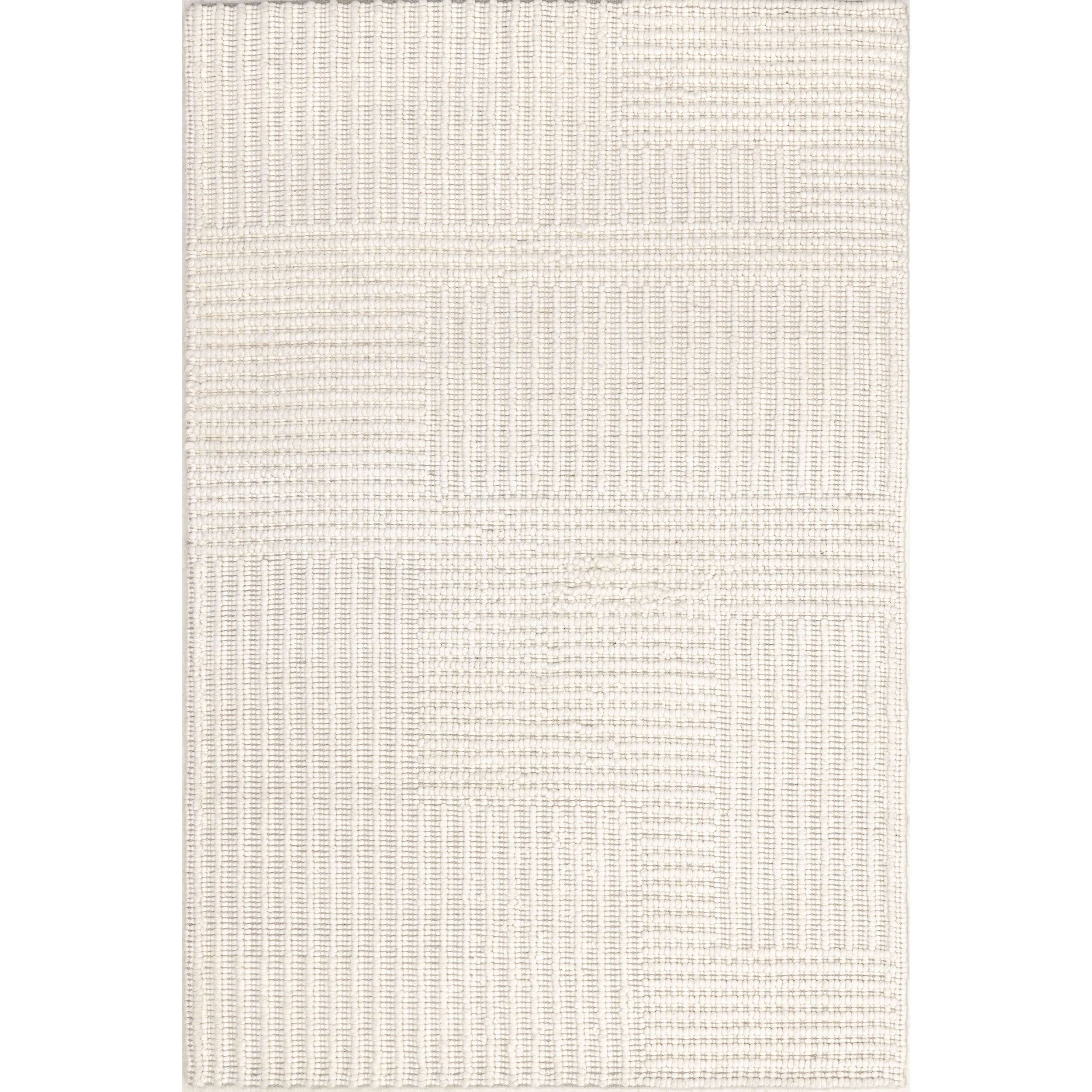 Ivory High-Low Striped Wool and Cotton Area Rug, 5' x 8'