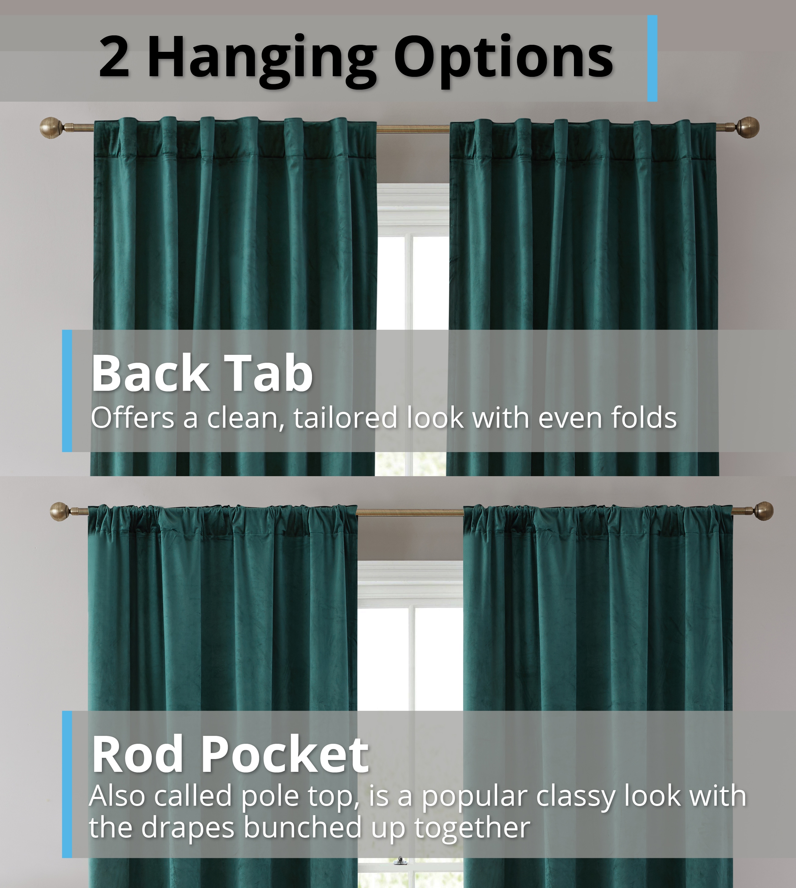 Green Velvet Light-Filtering Back Tab Rod Pocket Curtains, 84-inch Panels