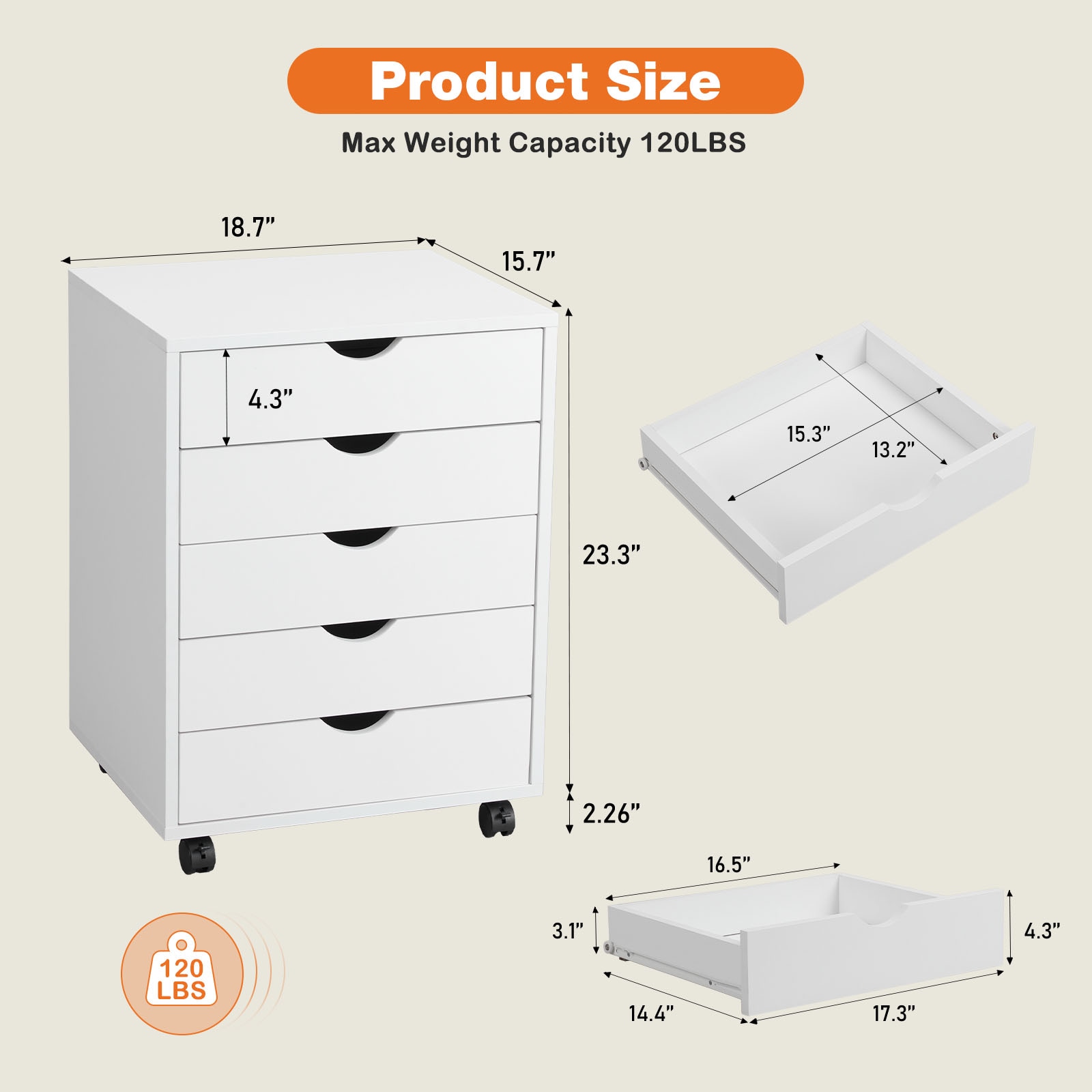 Maocao Hoom White 5-Drawer 15.7-in File Cabinet