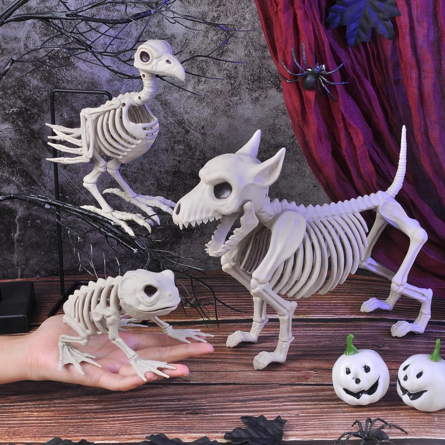 OGETFUUR 3 Pack Poseable Halloween Skeleton Set with 10-7-5in Realistic Sizes for Lawn Graveyard Decor for Halloween with Articulated Joints