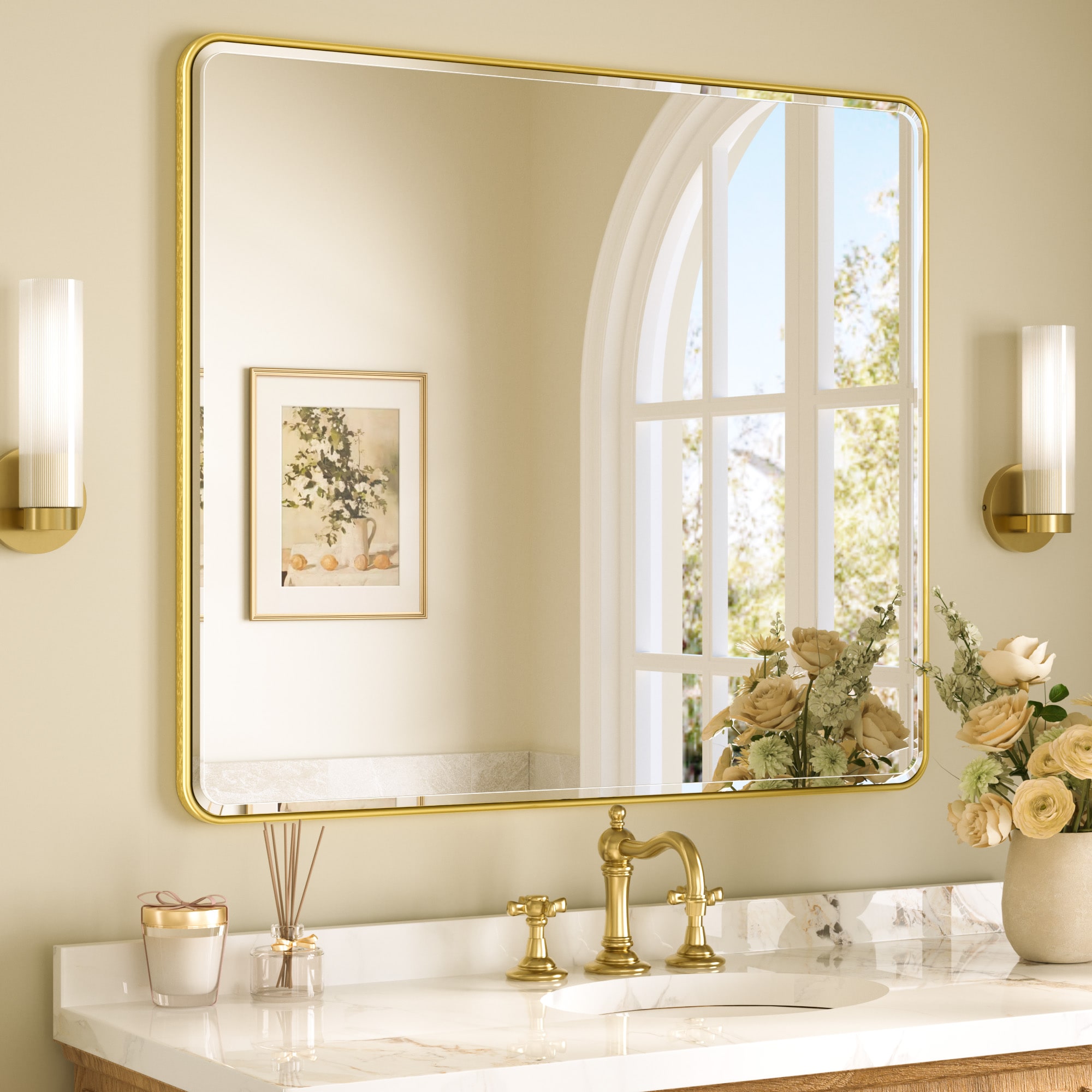 TETOTE 42x36 Inch Brushed Gold Framed Rectangle Bathroom Vanity Mirror #LSC-TE-4236SG-B82