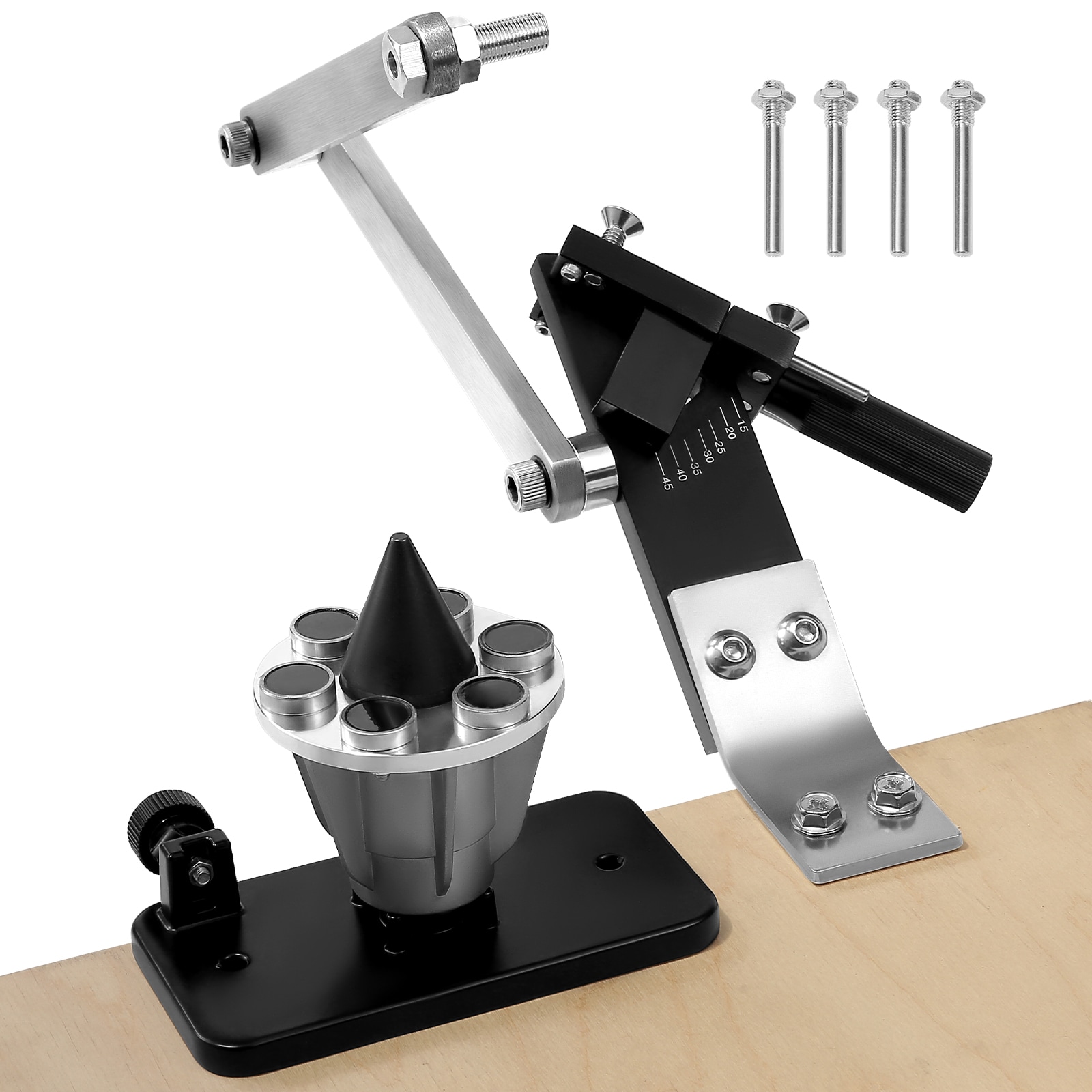 VEVOR Lawn Mower Blade Sharpener and Balancer  15° - 45° Adjustable Lawnmower Blade Sharpening Tool with 4 Adapter Pins  Ball Bearings and 25mm Enlarged Handle  Compatible with Most Angle Grinders