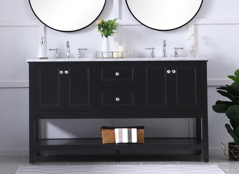 60 in Black Double Sink Bathroom Vanity with Carrara Marble Top