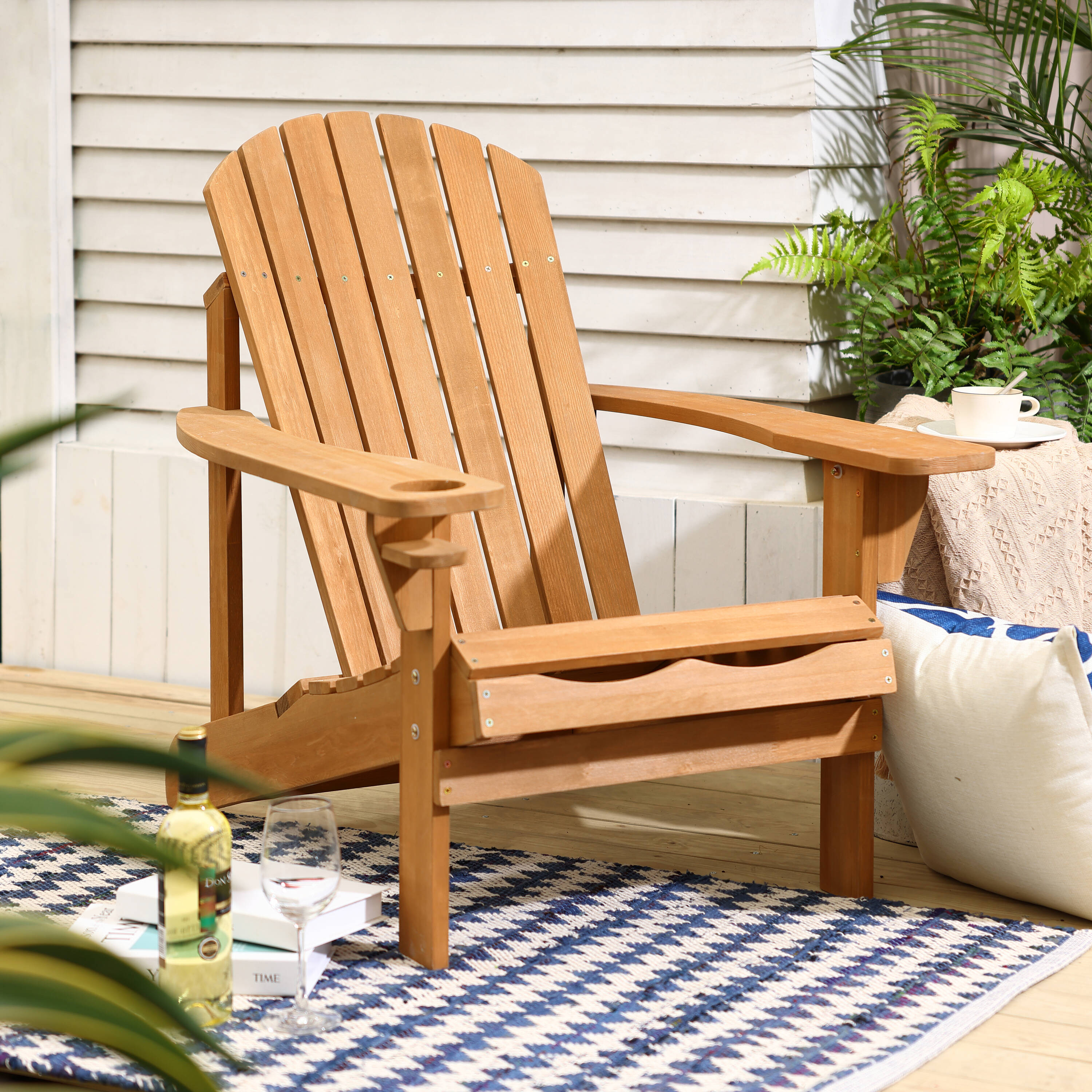 Natural Wood Adirondack Chair with Cup Holder