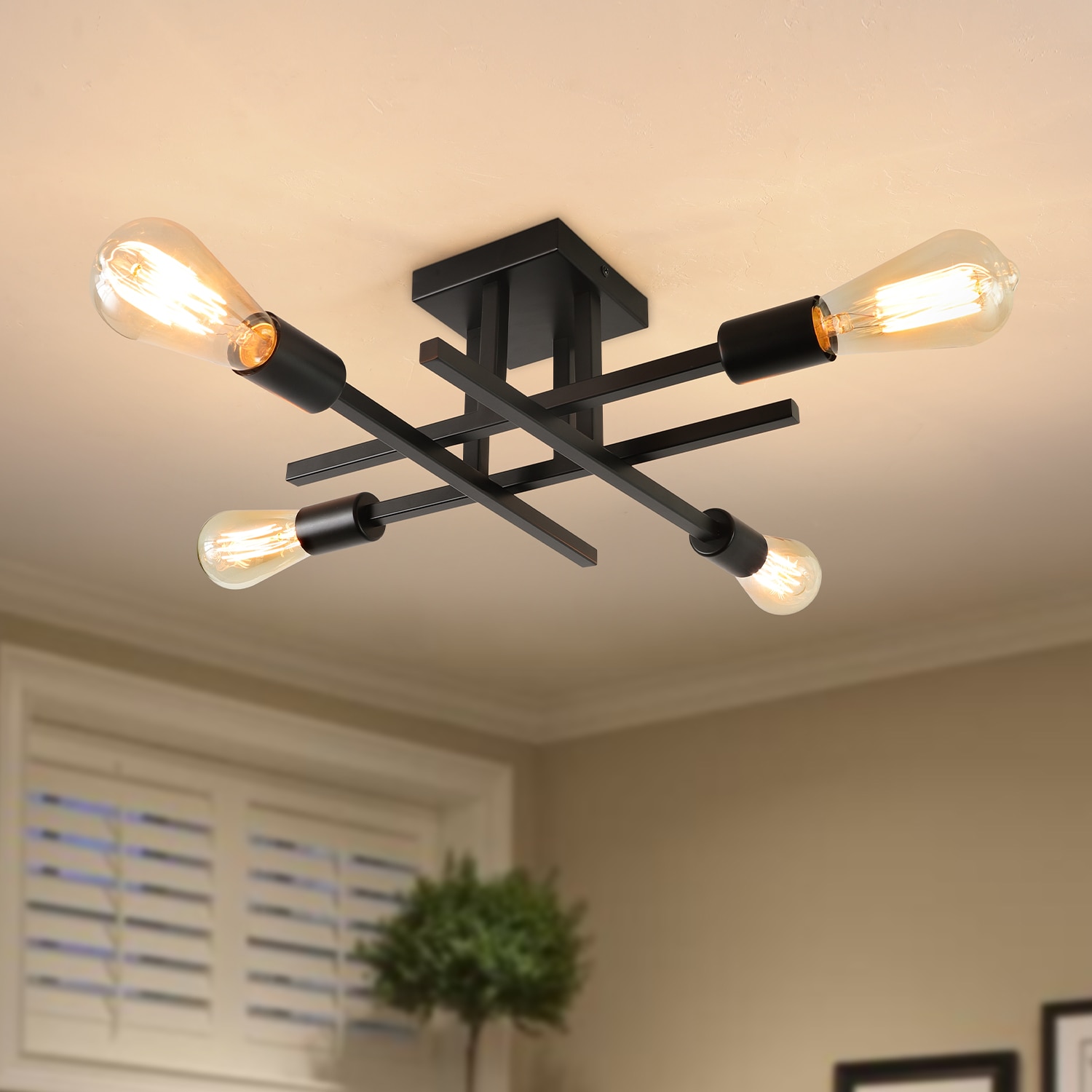 Zjvaive 18.11inch 4-Light Matte Black Modern Sputnik Semi Flush Mount Light for Multiple Spaces