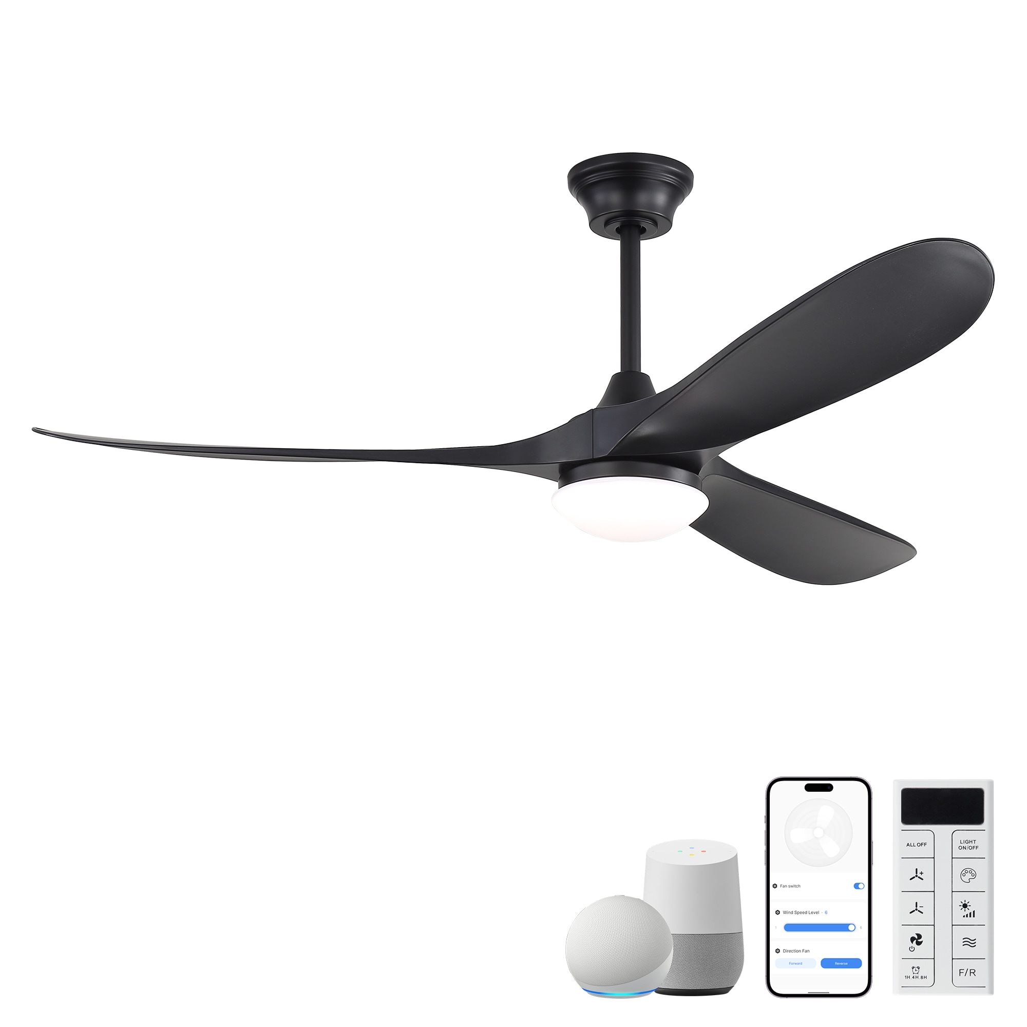 60-in Black with Black Blades LED Smart Ceiling Fan With Light and Remote Control Included 3 -Blade