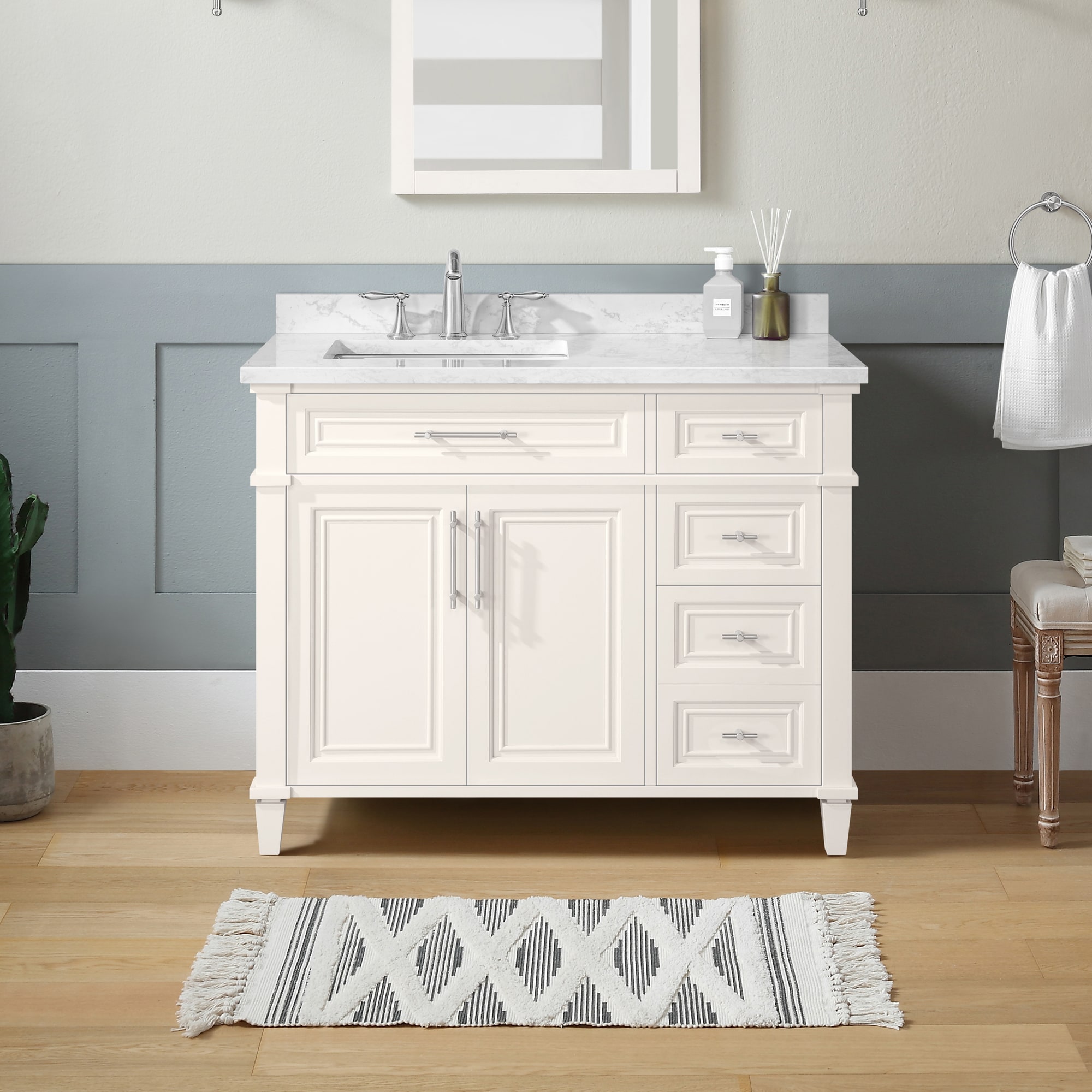 Highbrook 42-in Picket Fence Undermount Single Sink Bathroom Vanity with White Engineered Marble Top | - OVE Decors 15VVA-HIGH42-070