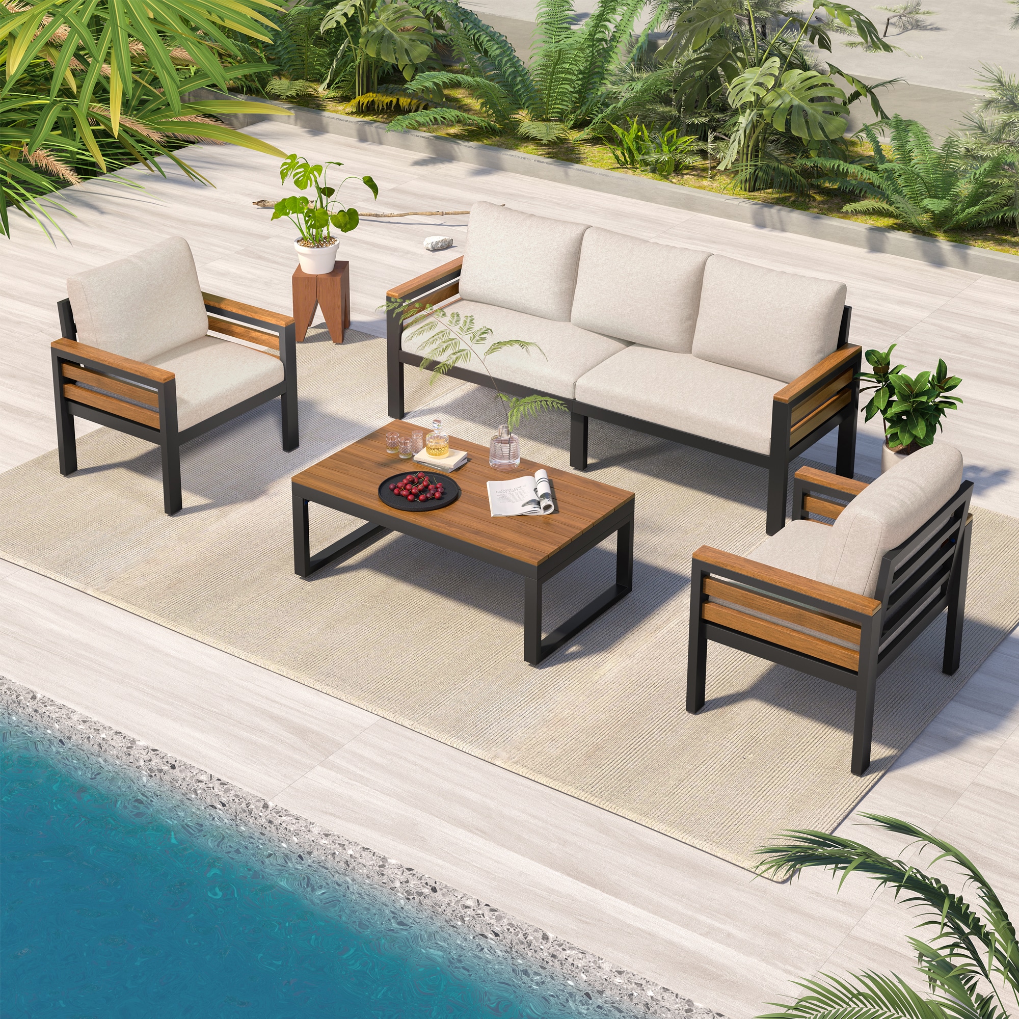 GDFStudio 4-Piece Patio Conversation Set for 5 People Outdoor Furniture Sofa with Acacia Wood Armrestsinch Removable Cushion for Garden Backyard Balcony Beige