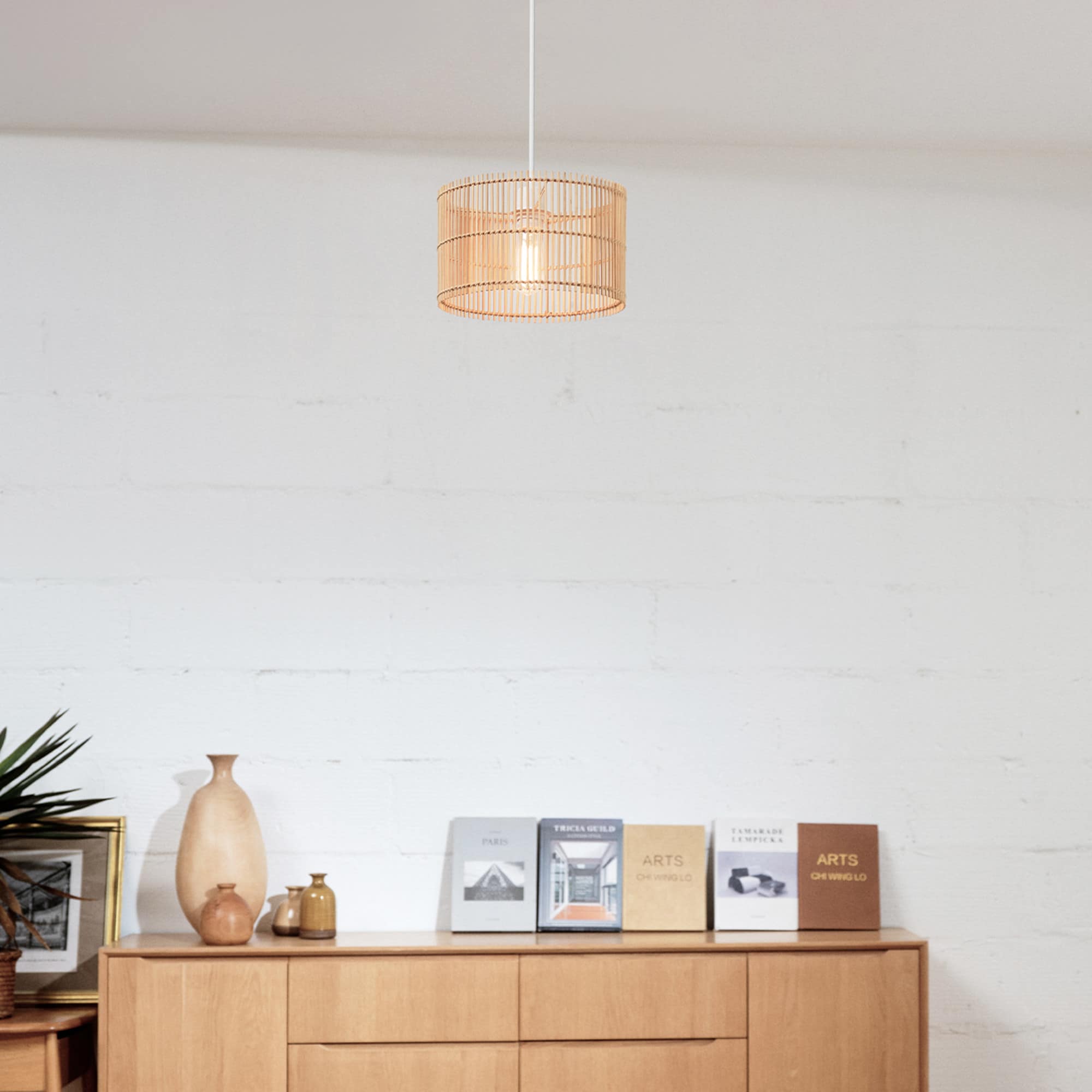 Globe Electric Satin White Mid-century Drum Led Hanging Pendant