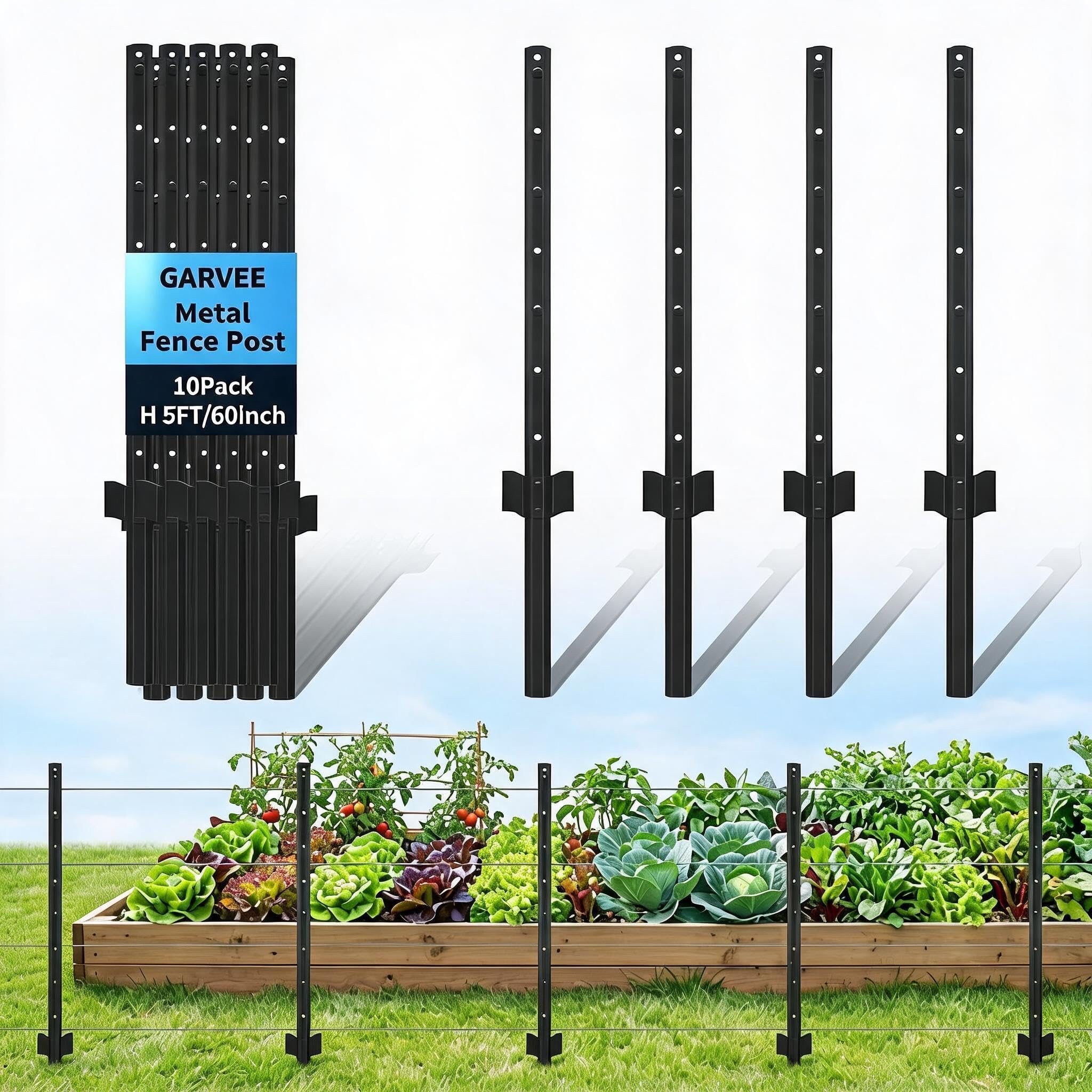 CazToi 10 Pack 5 Feet Fence Posts 60-in x 60-in Black Metal Universal Mounting Bracket U-post For Garden Fence