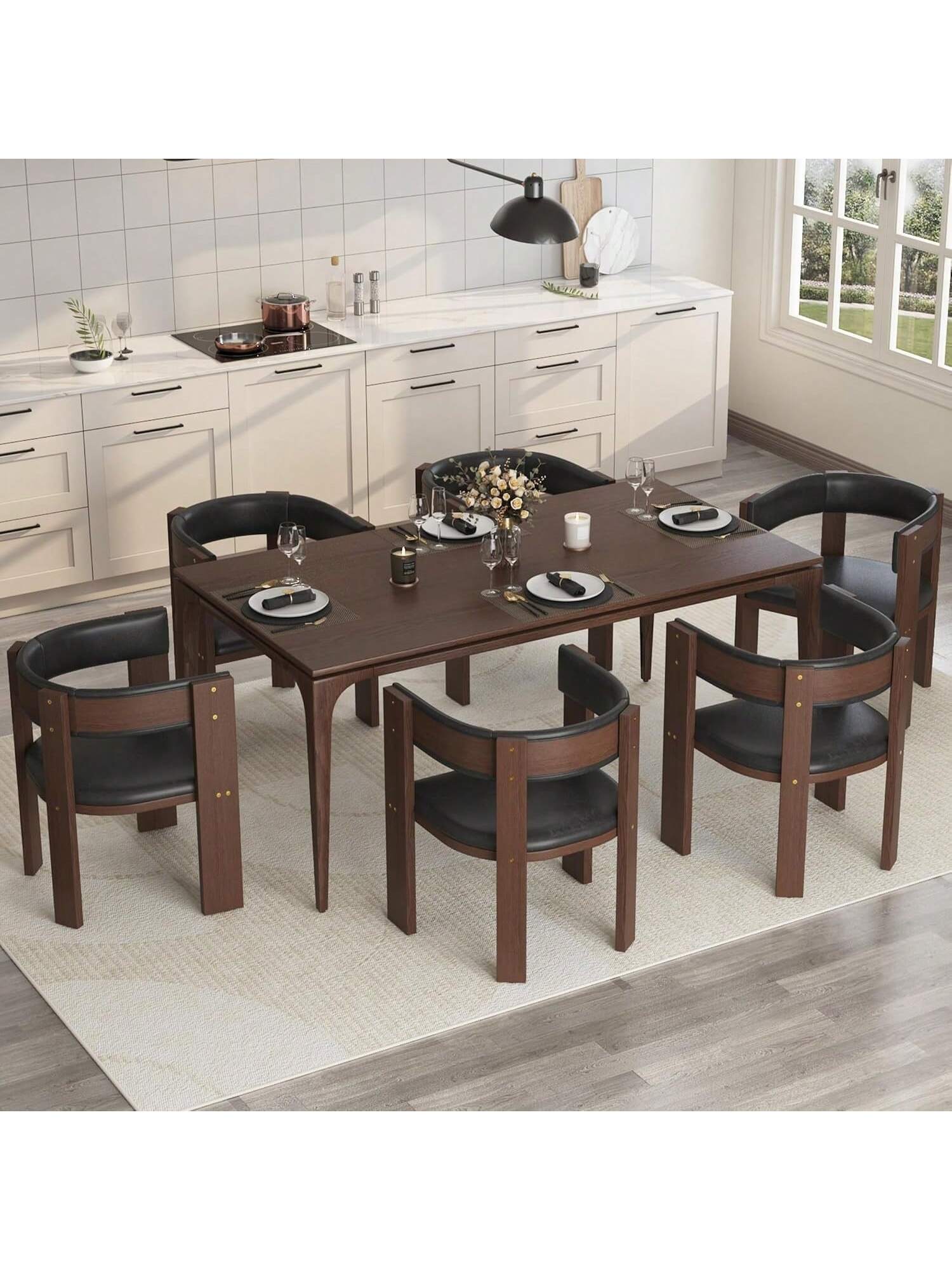 Qeetex BY-VNN-33AYC6XC Set Of 6 Modern Dining Chairs - Wooden Kitchen Chairs With Curved Backrest Comfortable and Sturdy For Dining Room Breakfast Nook Living Room - Mid-Century Style Accent Chairs