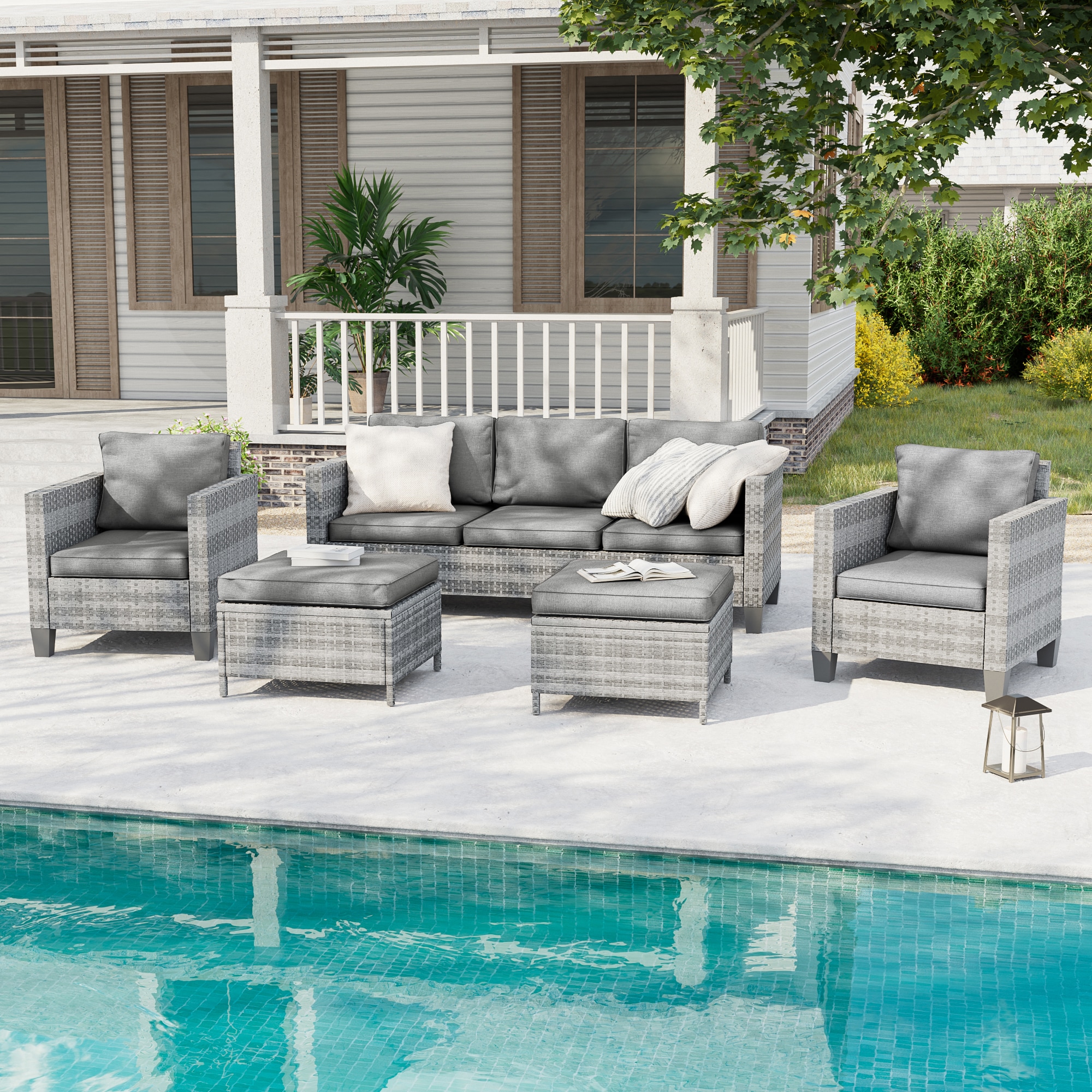 ACEGOSES LW-115HGY Sereno 5 -Piece Wicker Patio Sofa Conversation Set with Gray Cushions