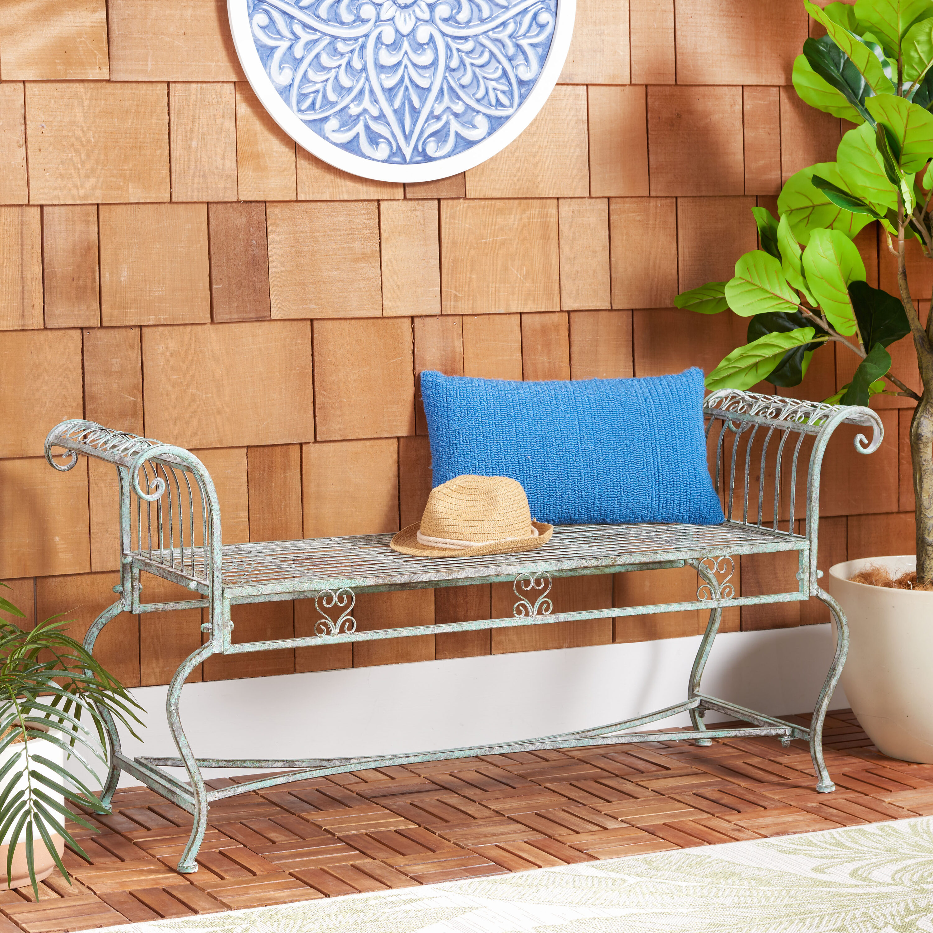 Safavieh PAT5004D Brielle 52-in W x 25.5-in H Antique Green Iron Garden Bench
