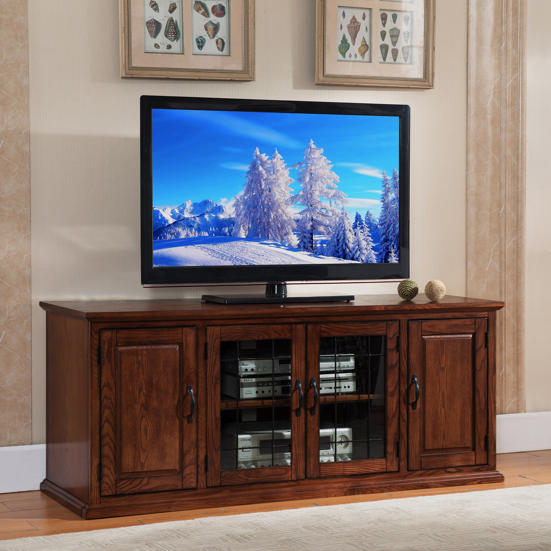 Burnished Oak 60" TV Stand with Leaded Glass Cabinet