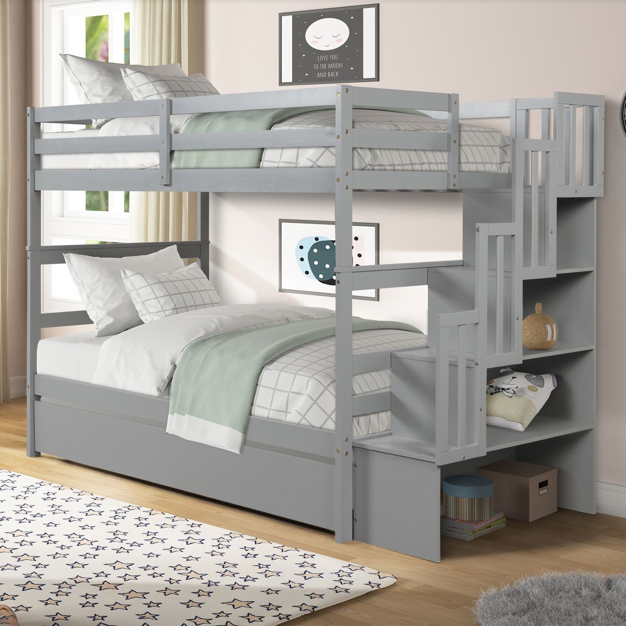 Yiekholo Gray Twin Over Twin Bunk Bed with Stairway and Trundle ...