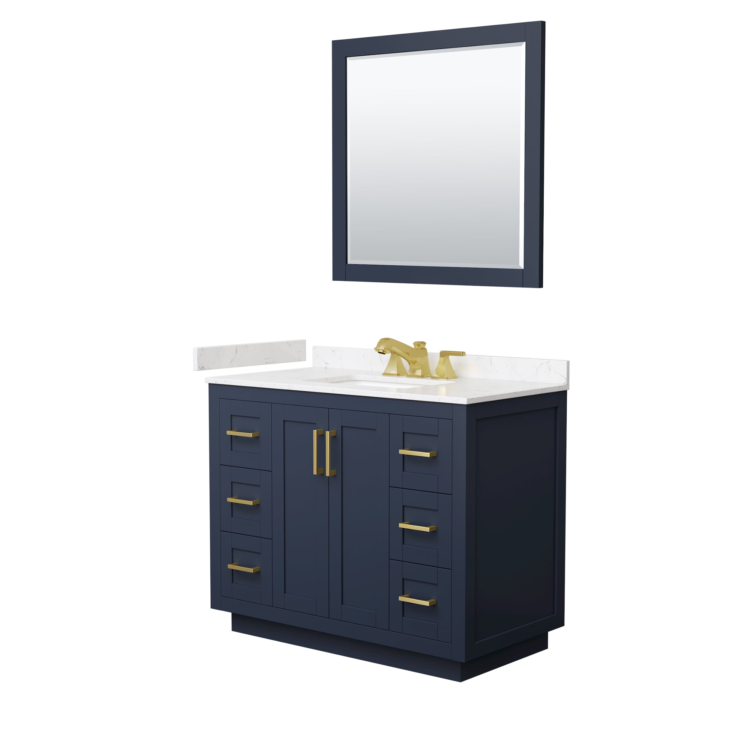 Wyndham Collection WCF292942SBLC2US3M34 Miranda 42-in Dark Blue with Brushed Gold Trim Undermount Single Sink Bathroom Vanity with Carrara Cultured Marble Cultured Marble Top (Mirror Included)