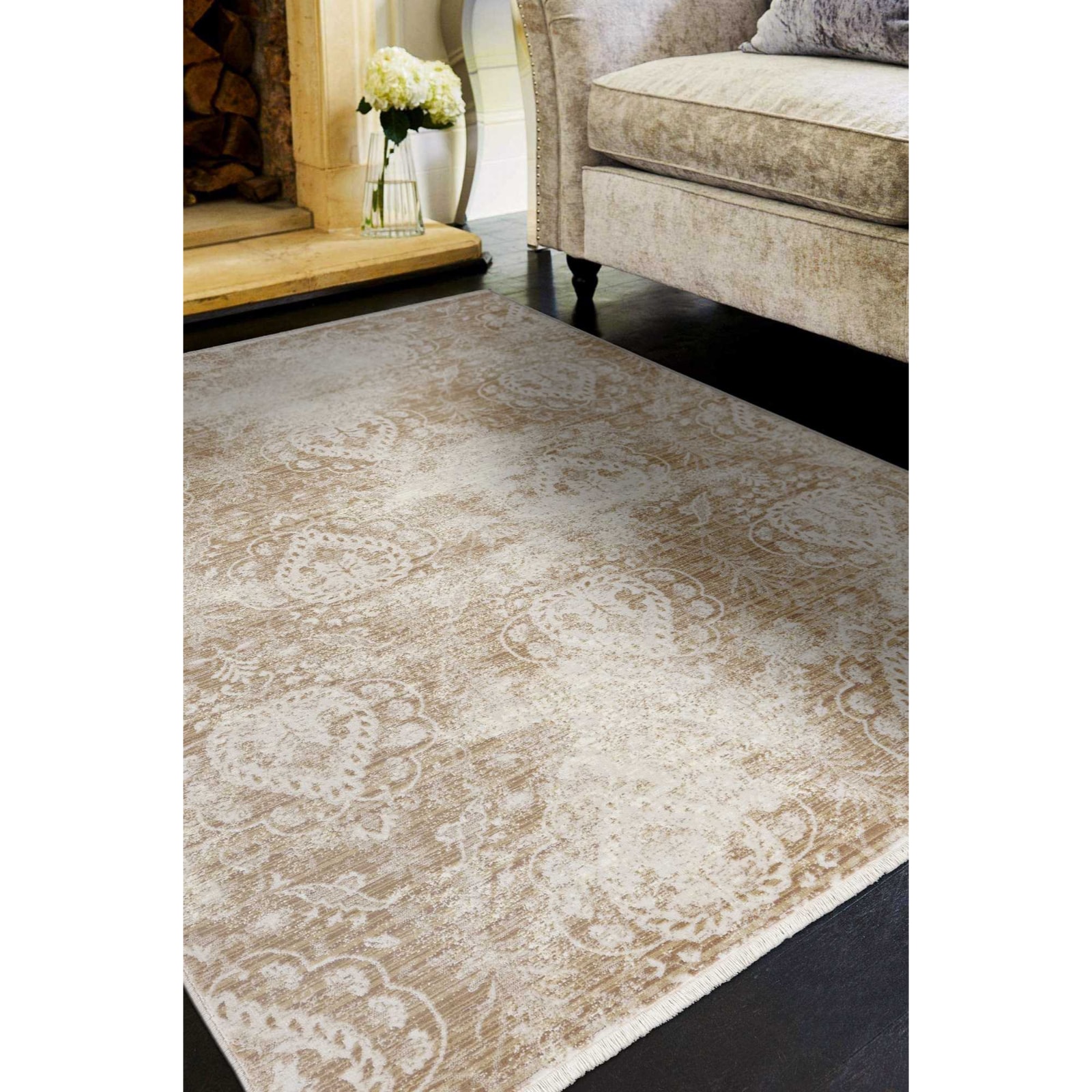 HomeRoots 353072 Bernadette 7 x 7 (ft) Polyester Light Blue Round Indoor Floral/Botanical Area rug
