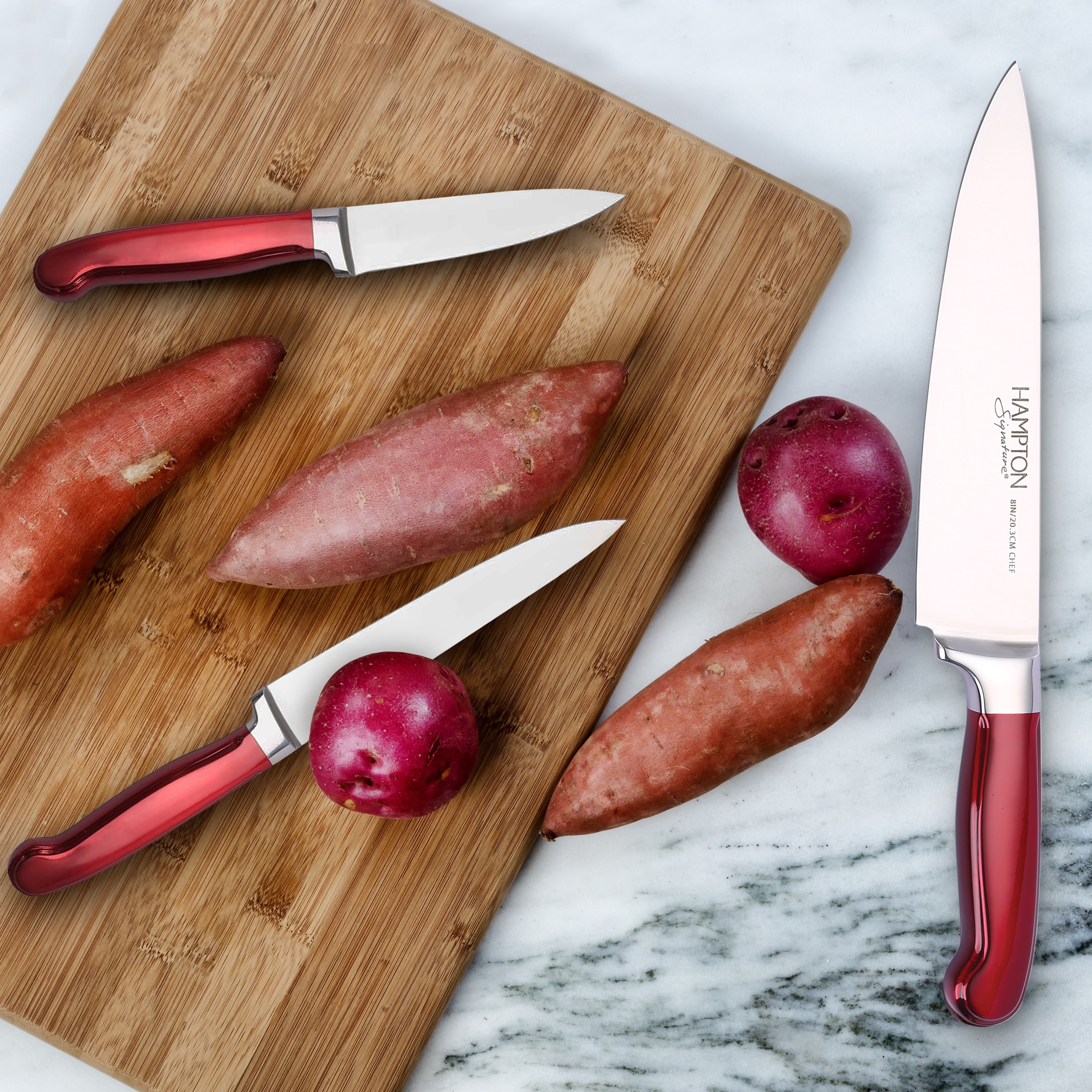 Rorik 14-Piece Red Stainless Steel Knife Block Set with Acacia Wood