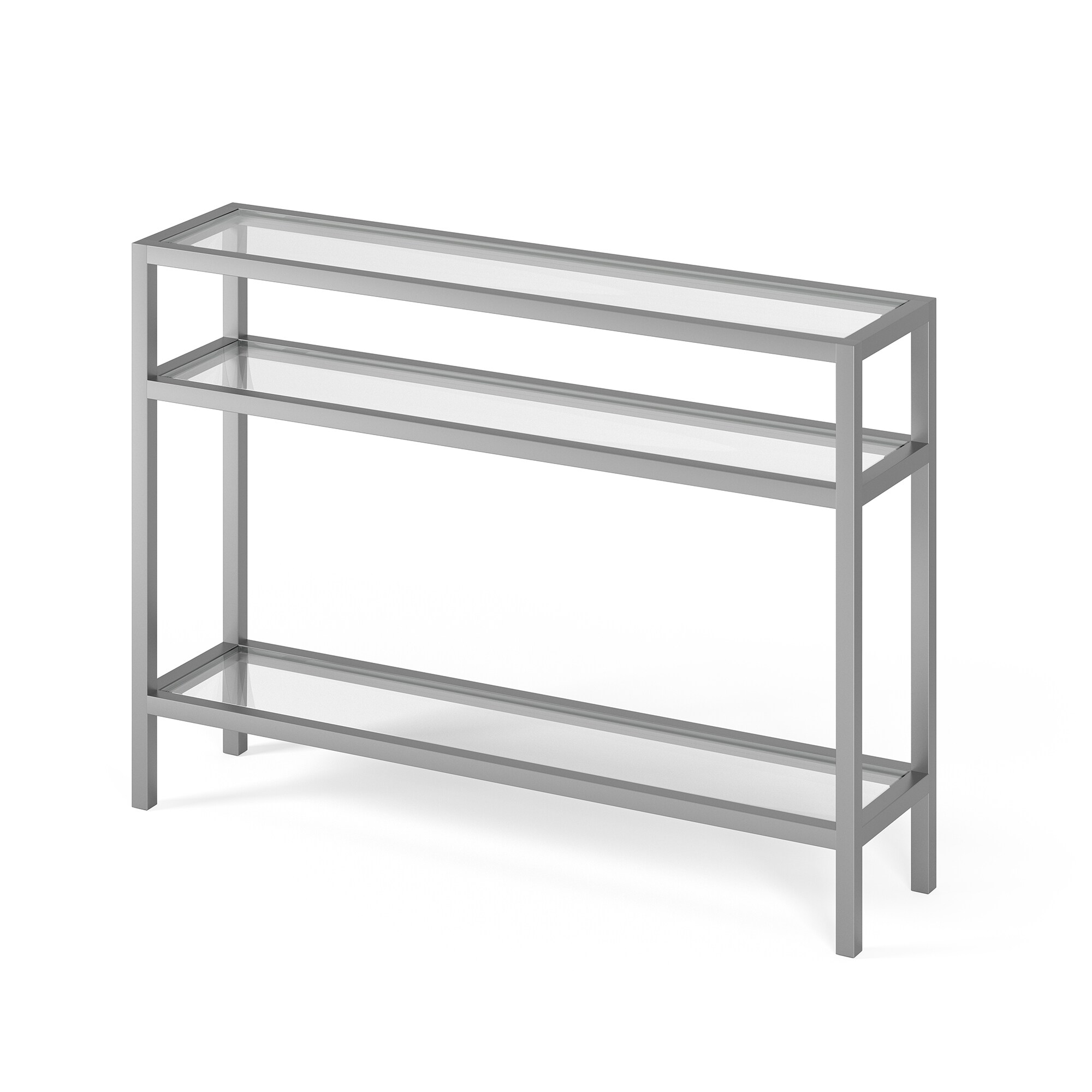 Satin Nickel Industrial Console Table with Tempered Glass Shelves