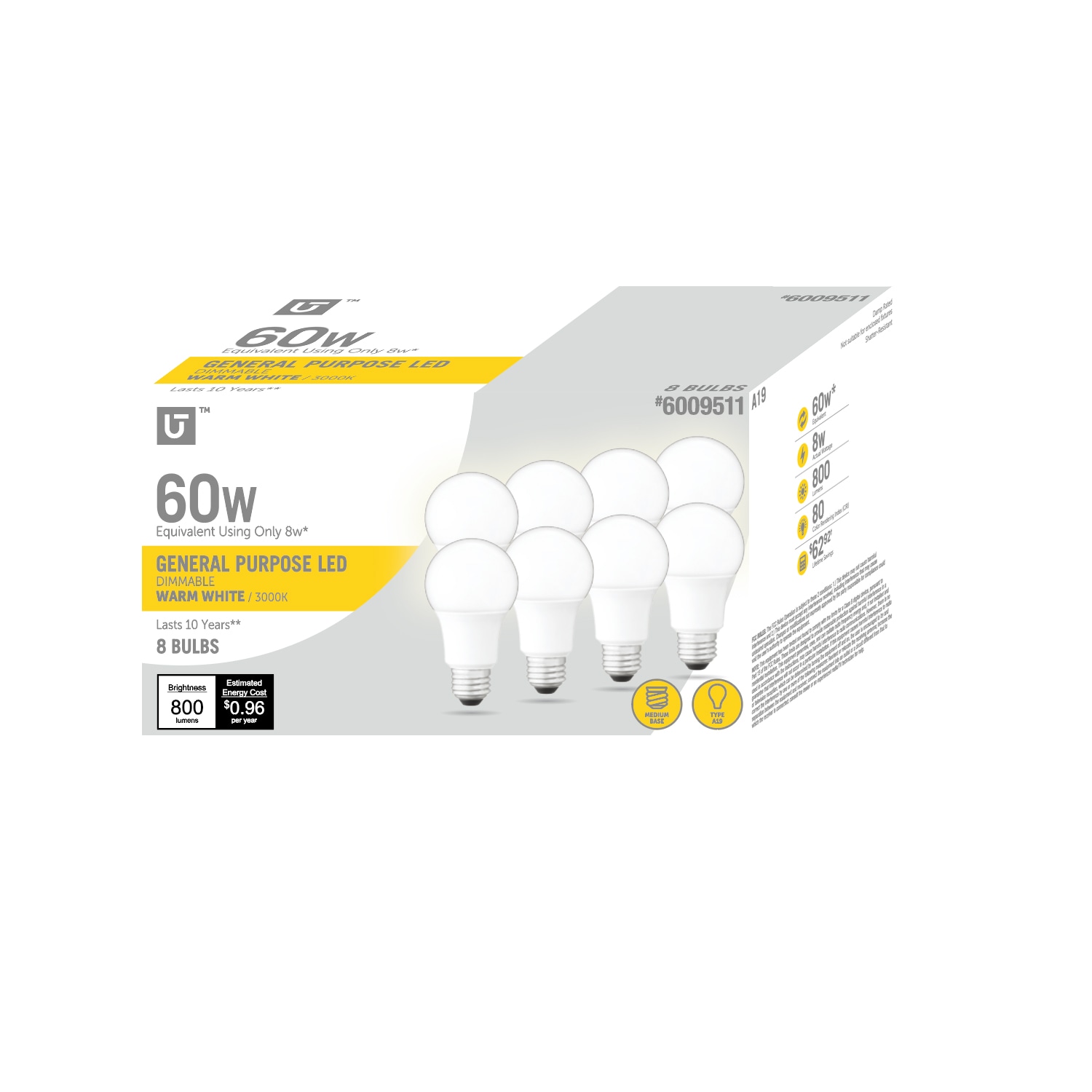 Utilitech YGA03C76-8.5W-830-8 60 -Watt EQ A19 Warm white E26 Dimmable LED General purpose Light Bulb 8 -Pack