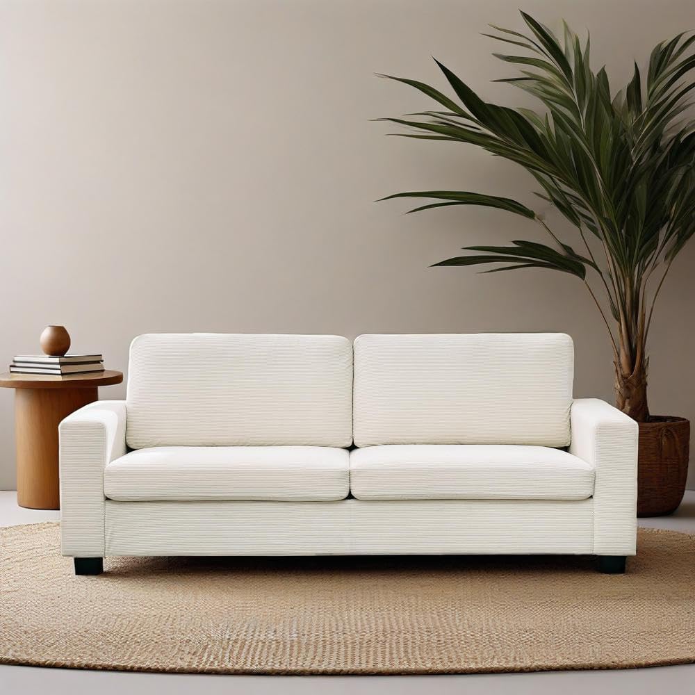 Qeetex DHZ-PHK-338FN6QW 83 inch Comfy Corduroy Couches Modern Upholstered Sofa with Wide Armrests Cloud Couch with Deep Seat Sofa Sturdy Structure Easy Assemble Home Sofa for Living Room/Apartment Beige