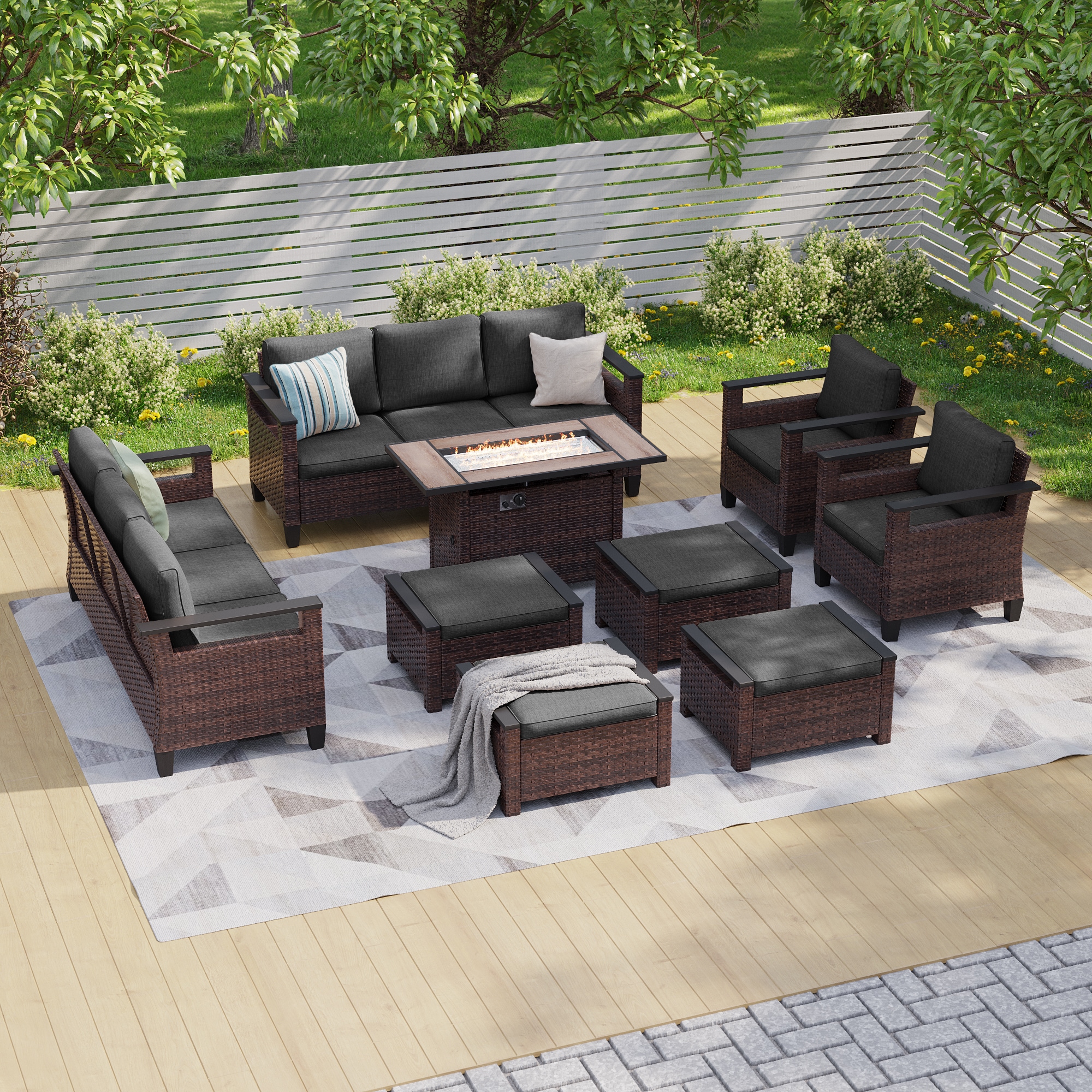 Sonkuki SD-PS-126BBK-S1T5 Patio Conversation Set 9 -Piece Wicker 2 Patio Sofa Conversation Set with Black Cushions