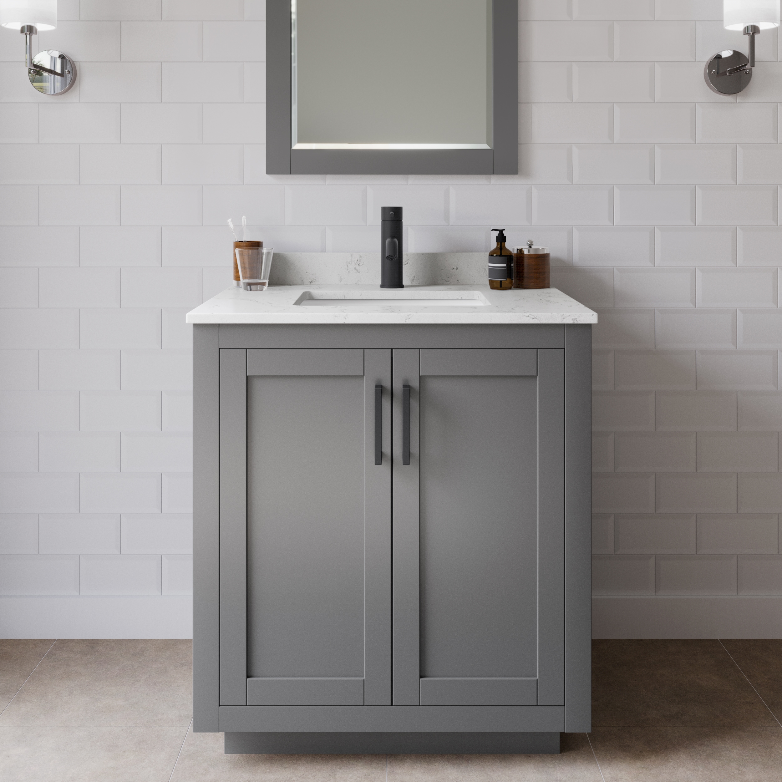 Wyndham Collection WCF292930SGBC2UNSMXX Miranda 30-in Dark Gray with Matte Black Trim Undermount Single sink Bathroom Vanity with Carrara Cultured Marble Cultured marble Top