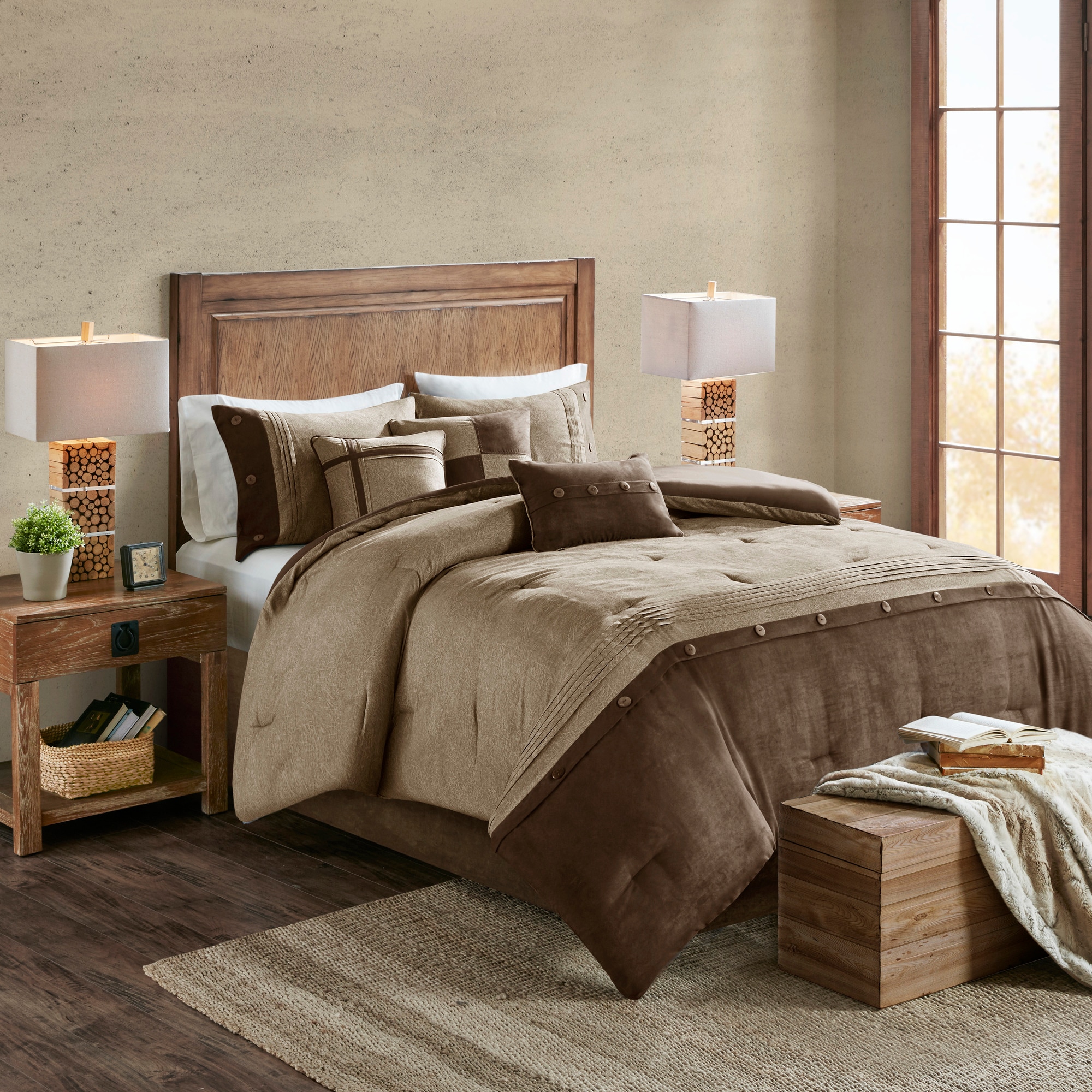 FAVSH 7 Piece Faux Suede Comforter Set Brown Cal King