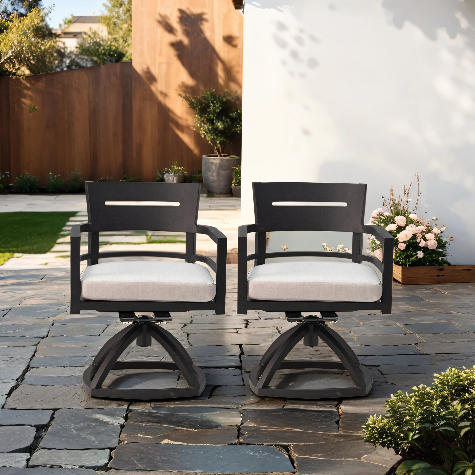 AAZJ TEM-002AAA Patio Chair Set of 2 Ember Black Aluminum Frame Swivel rocker Rocking Chair with White Cushioned Seat