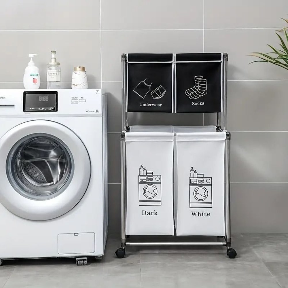 Kitstorack Double-Layer Laundry Sorter with 4 Removable Waterproof Canvas Bags Wheeled Frame Easy Assembly for Clothes Bedding Towels and Home Storage