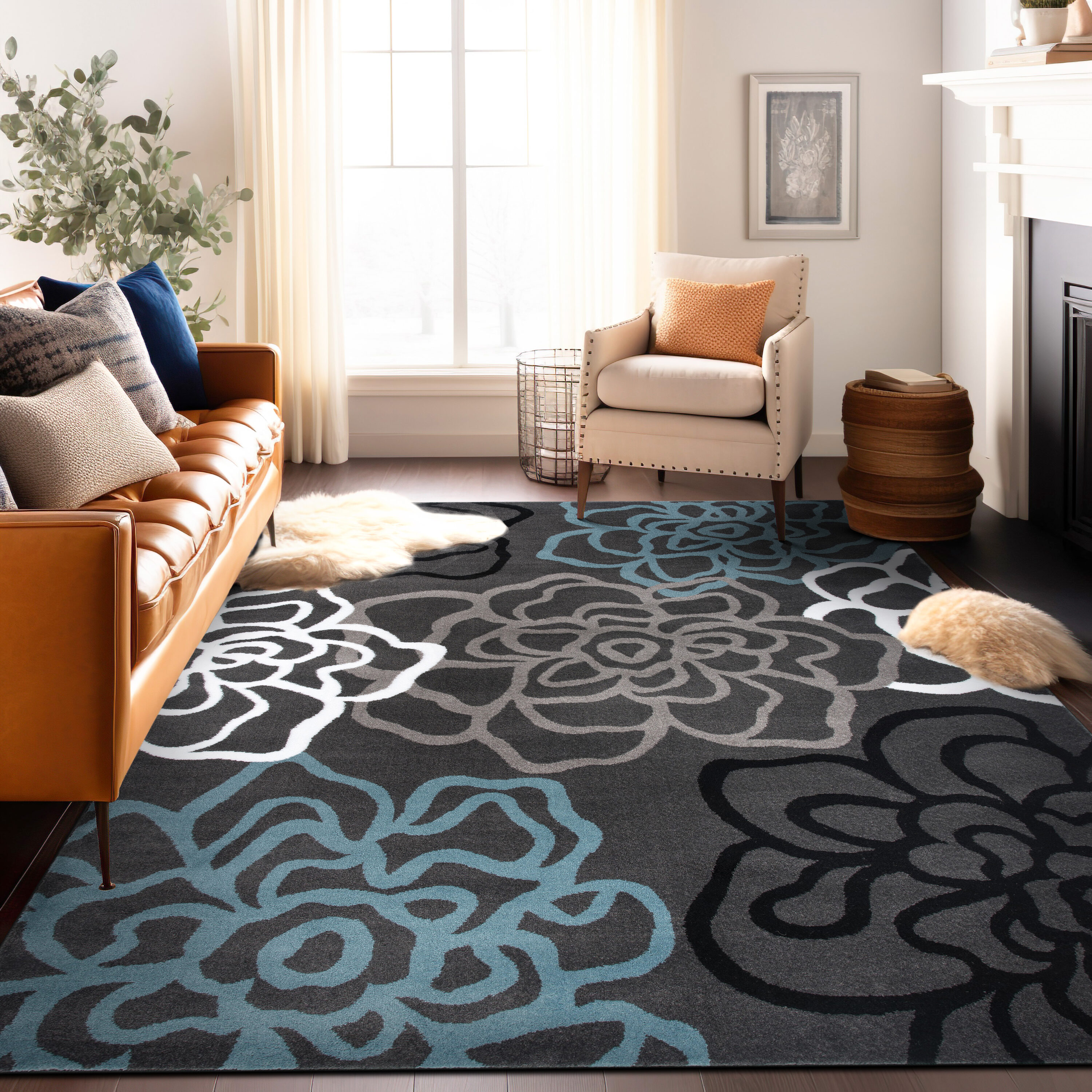 World Rug Gallery 108 GRAY 5X8 Florence 5 x 7 (ft) Loomed Polypropylene Gray Rectangular Indoor Floral/Botanical Mid-Century Modern Area rug