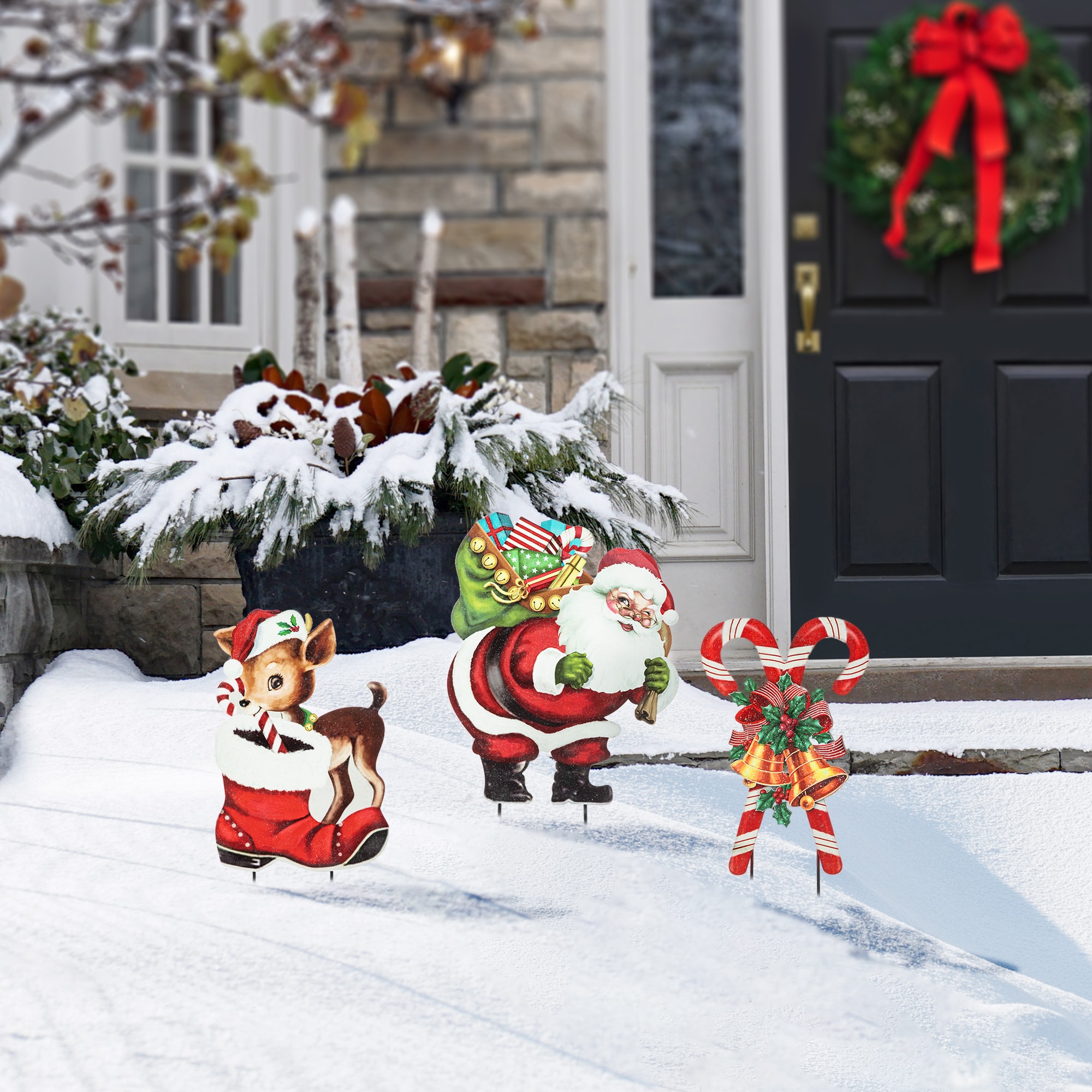 Glitzhome 24-in Handcrafted Metal Santa, Reindeer, and Candy Cane Yard ...