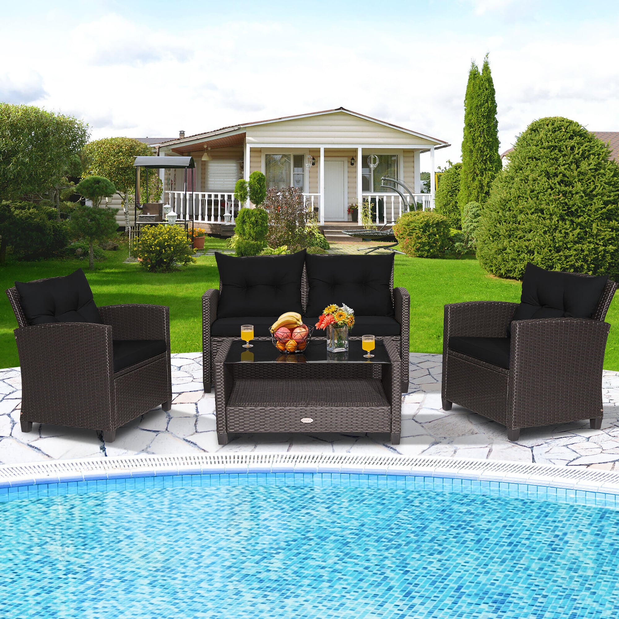 Forclover HYFW-742BA+ Outdoor PE Rattan Sofa Set 4 -Piece Rattan Patio Sofa Conversation Set with Black Cushions