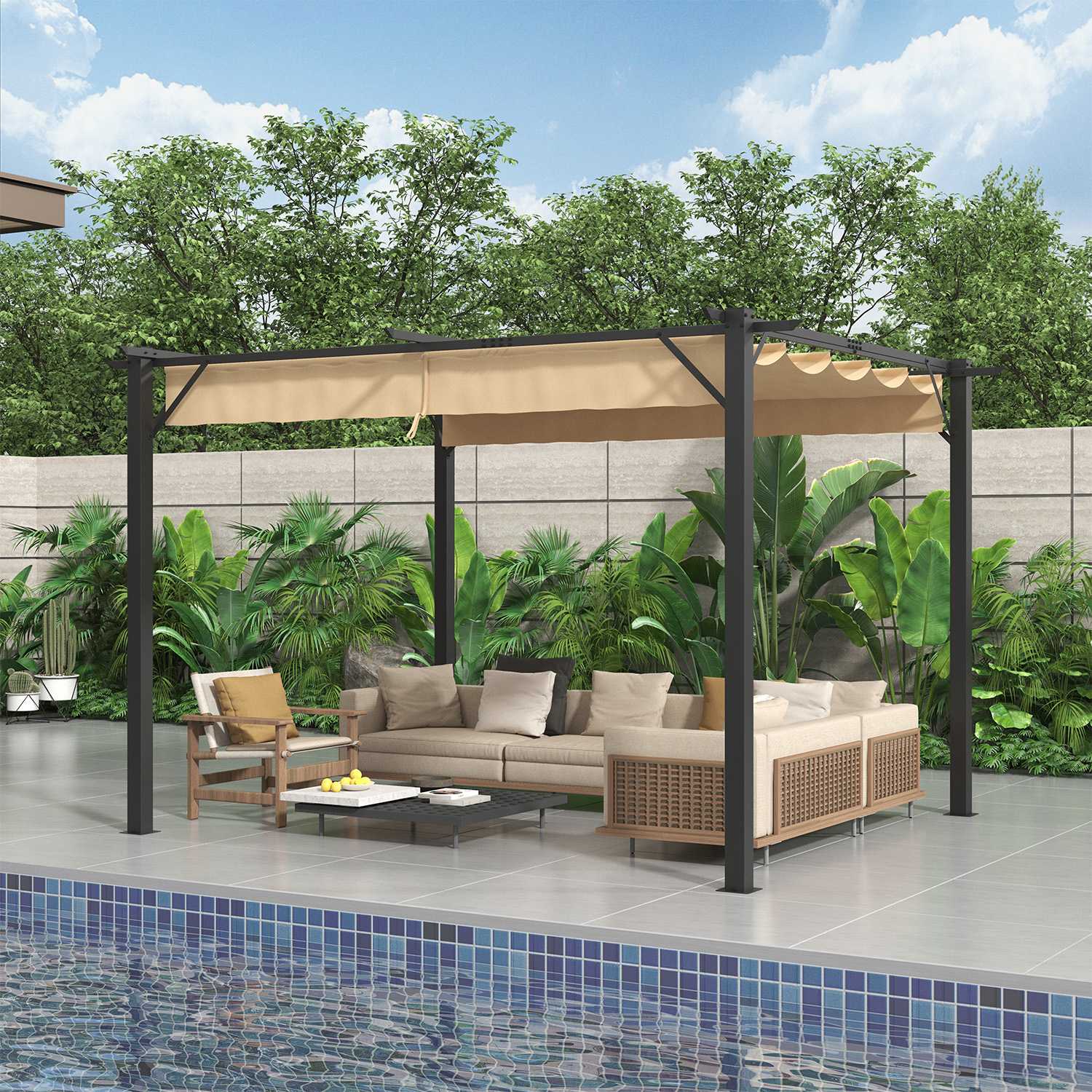 Sunmthink GBSM404R28 12x10FT Outdoor Pergola Heavy-Duty Metal Frame Patio Structure with Modern Retractable Sun Shade Canopy Designed for Garden Deck and Backyard