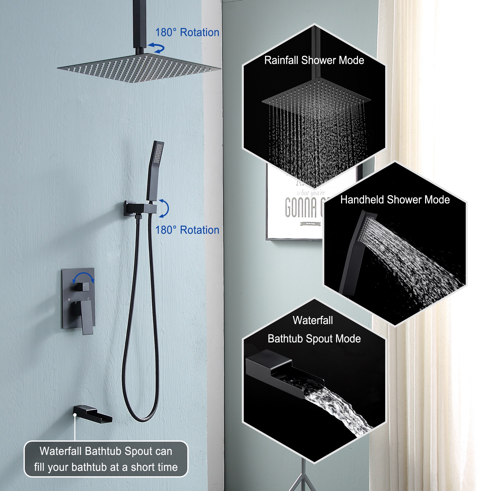 Mondawe Matte Black Waterfall Built-In Shower System With 3-way ...