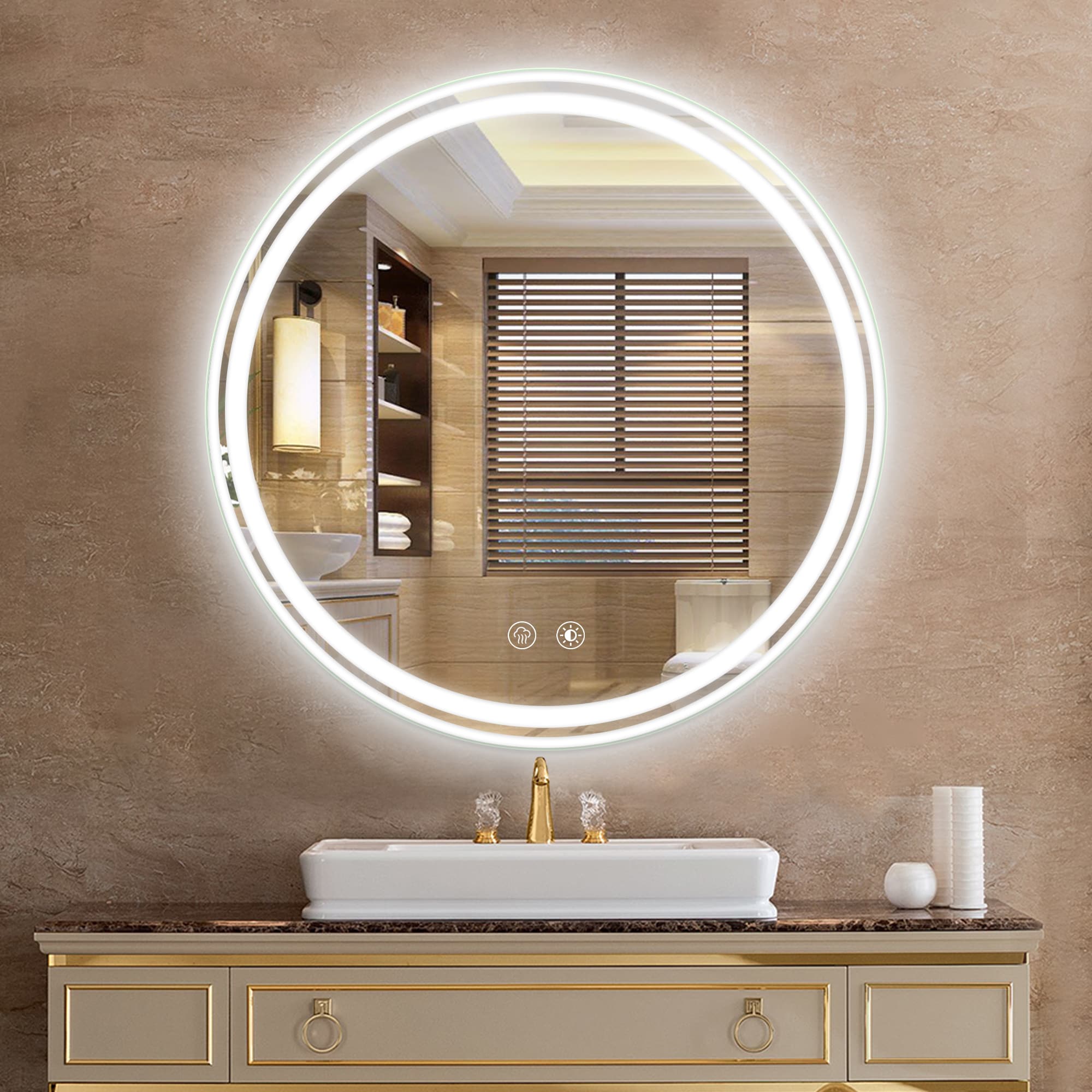 Bybafun YD5100001 24-Inches x 24-Inches Polished Frameless Round Dimmable Lighted Fog Free Bathroom Vanity Mirror ( Silver )