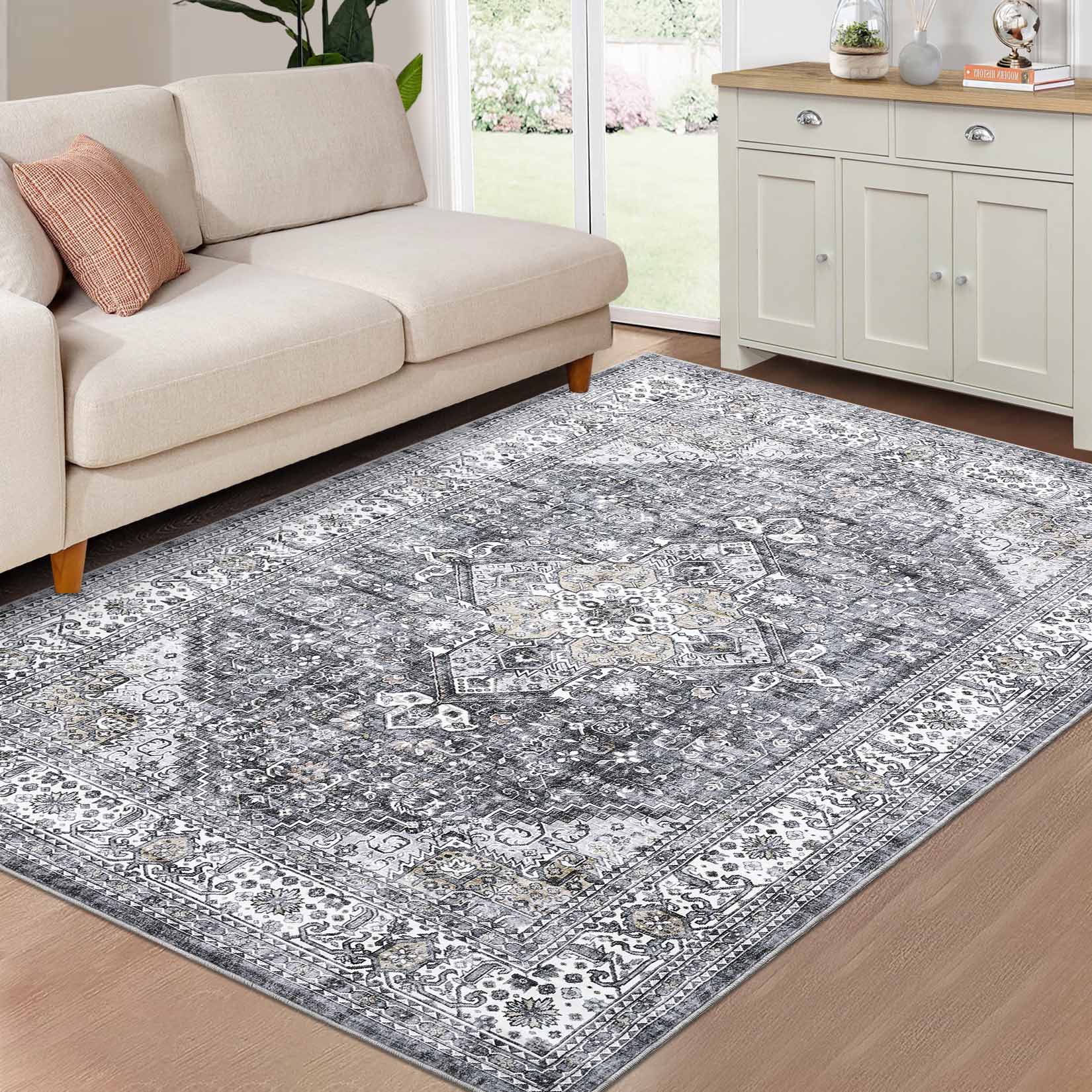 Garvee YXY-LO-PHO-11FZTFWZ 9 x 12 (ft) Loomed Gray Rectangular Indoor Floral/Botanical Tropical Machine washable Area rug