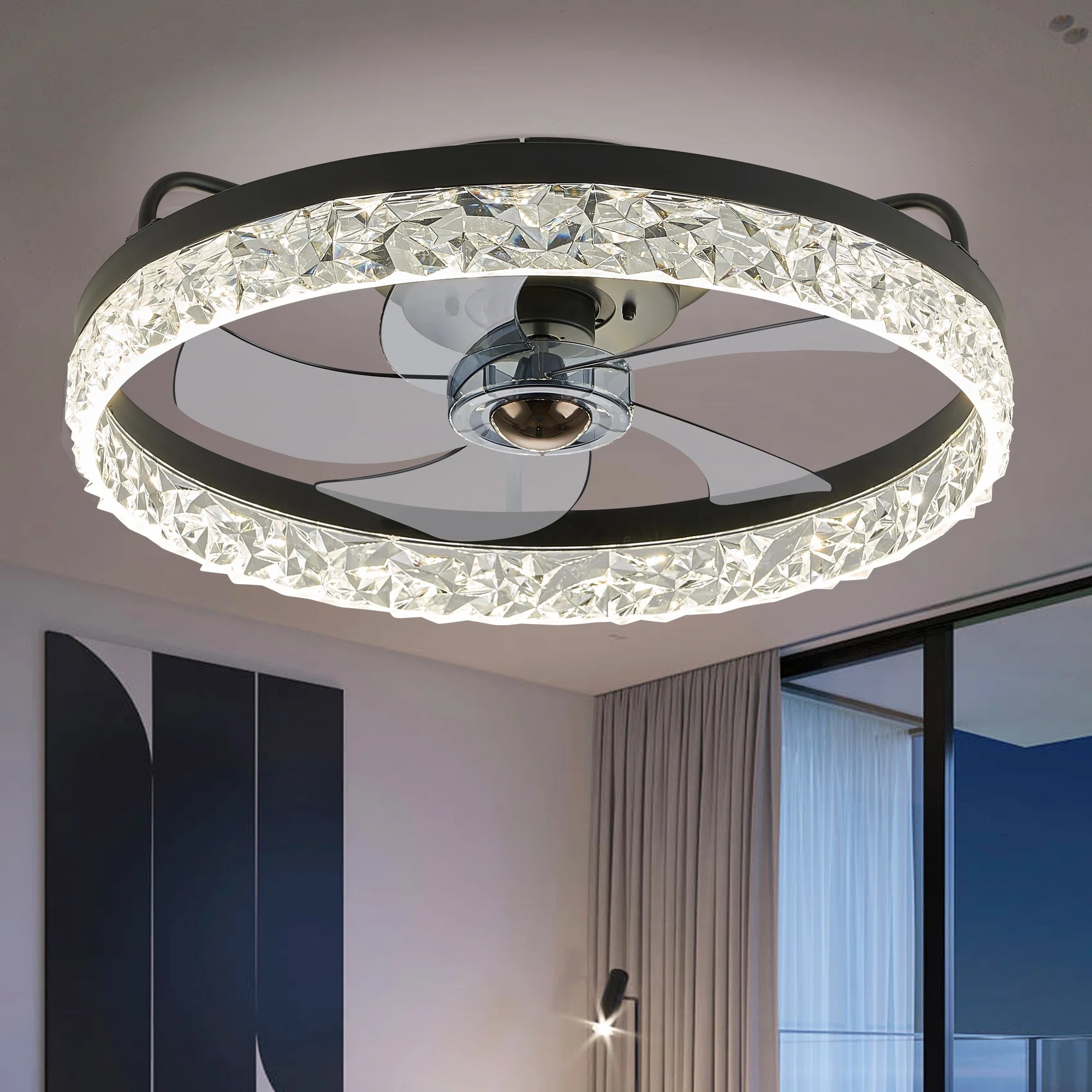 COBRRO  20 in White Low Profile Flush Mount Smart Fandelier Ceiling Fan with 5 Clear Blades Dimmable Integrated LED Light Remote Control Included