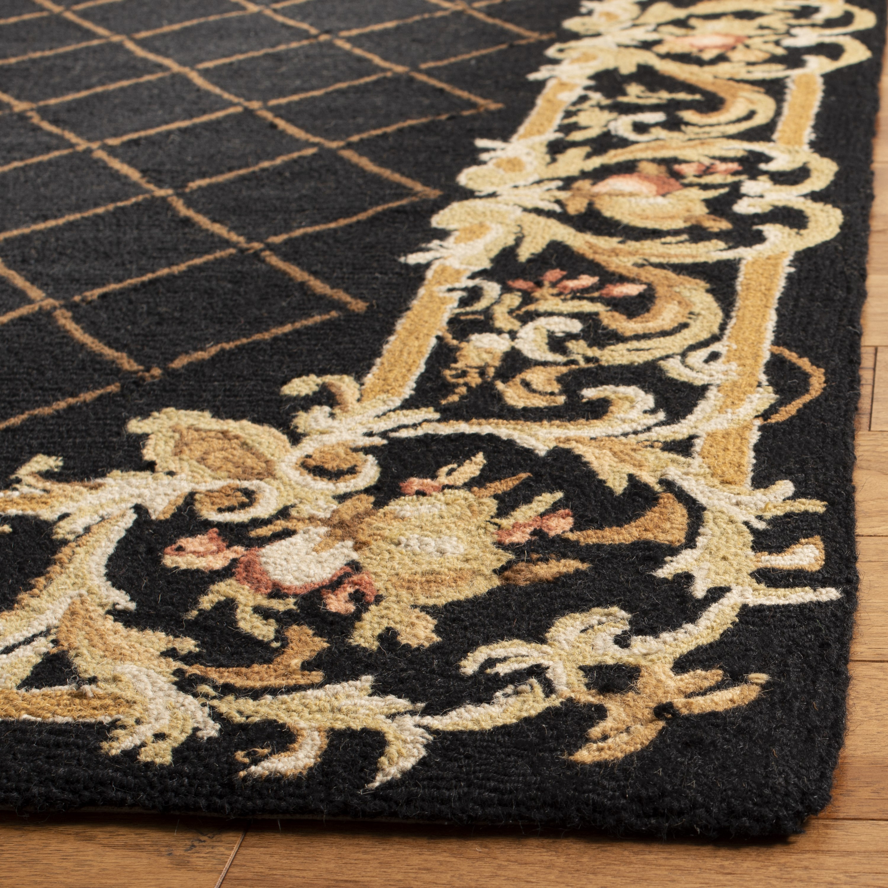 Black Floral Hand-Hooked Wool Runner Rug