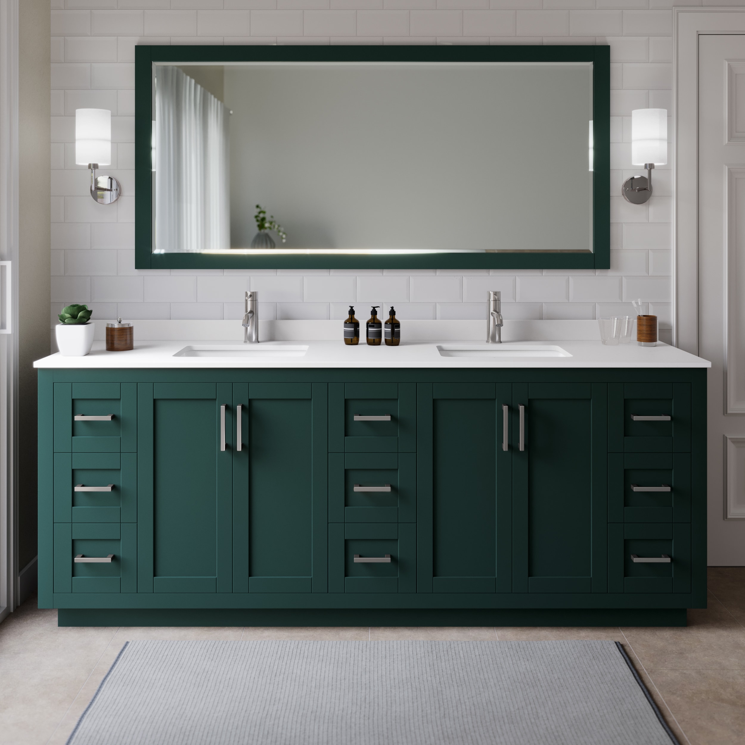Wyndham Collection WCF292984DGEWCUNSMXX Miranda 84-in Green with Brushed Nickel Trim Undermount Double sink Bathroom Vanity with White Cultured Marble Cultured marble Top