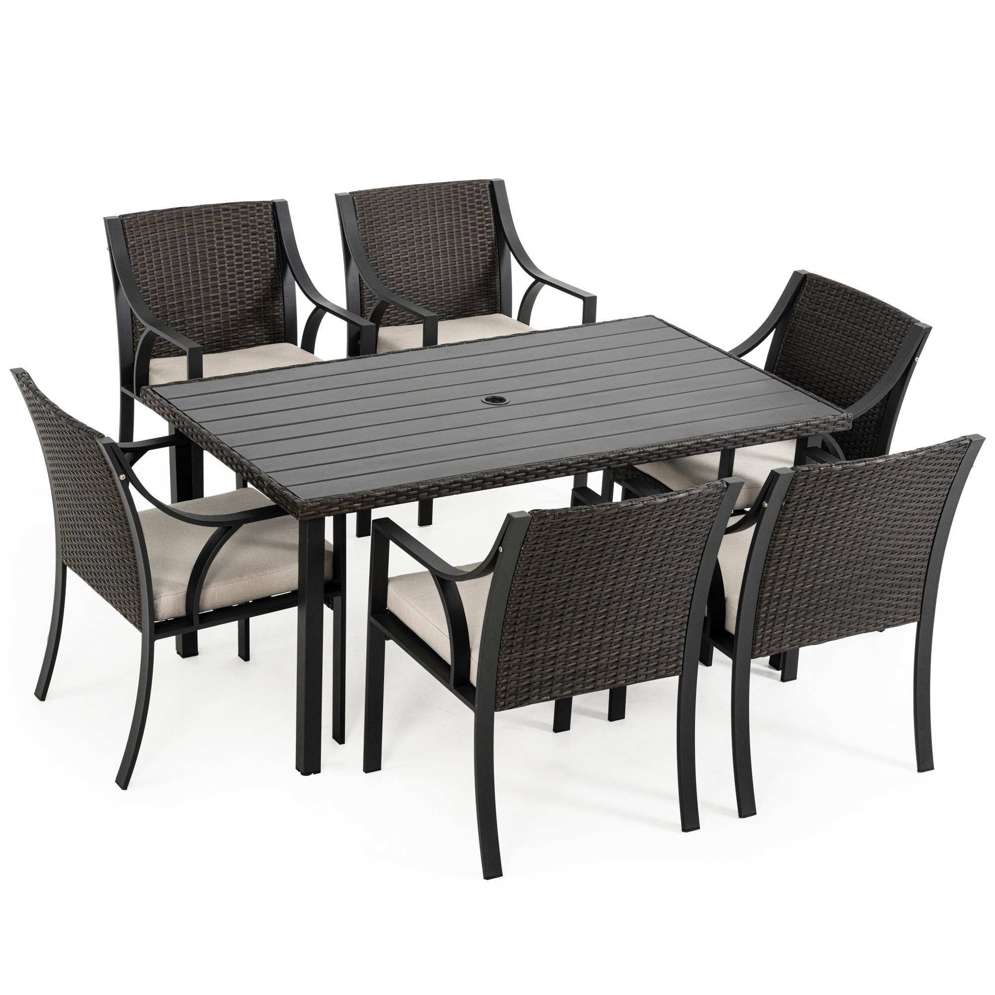 7 -Piece Brown Wicker Patio Dining Set Wicker Rectangle Table with 6 Off-white Cushions Stationary Chairs | - Lowe's HPO-CZ7-TB-ZB-WL2