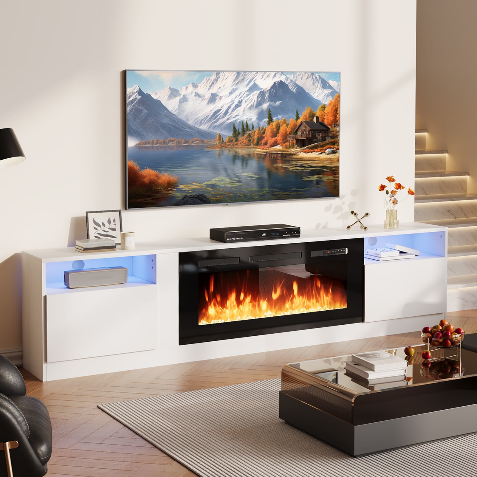 Bapipro TE23A28W 80-in W White TV Stand with Infrared quartz Flat wall Electric Fireplace with Remote Control Included