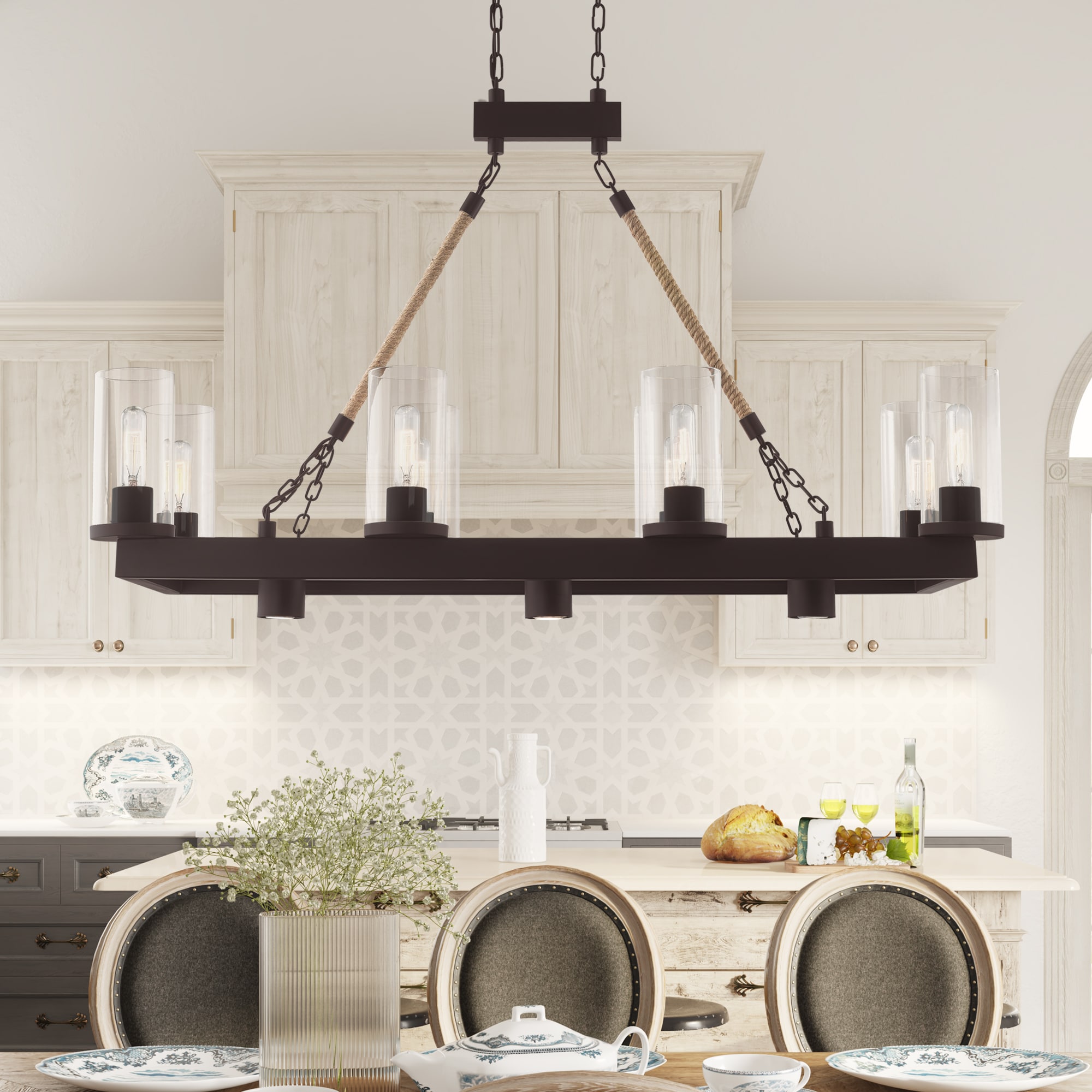 Metuchen Bronze Linear Chandelier with Clear Glass and Rope Detail, 11-Light