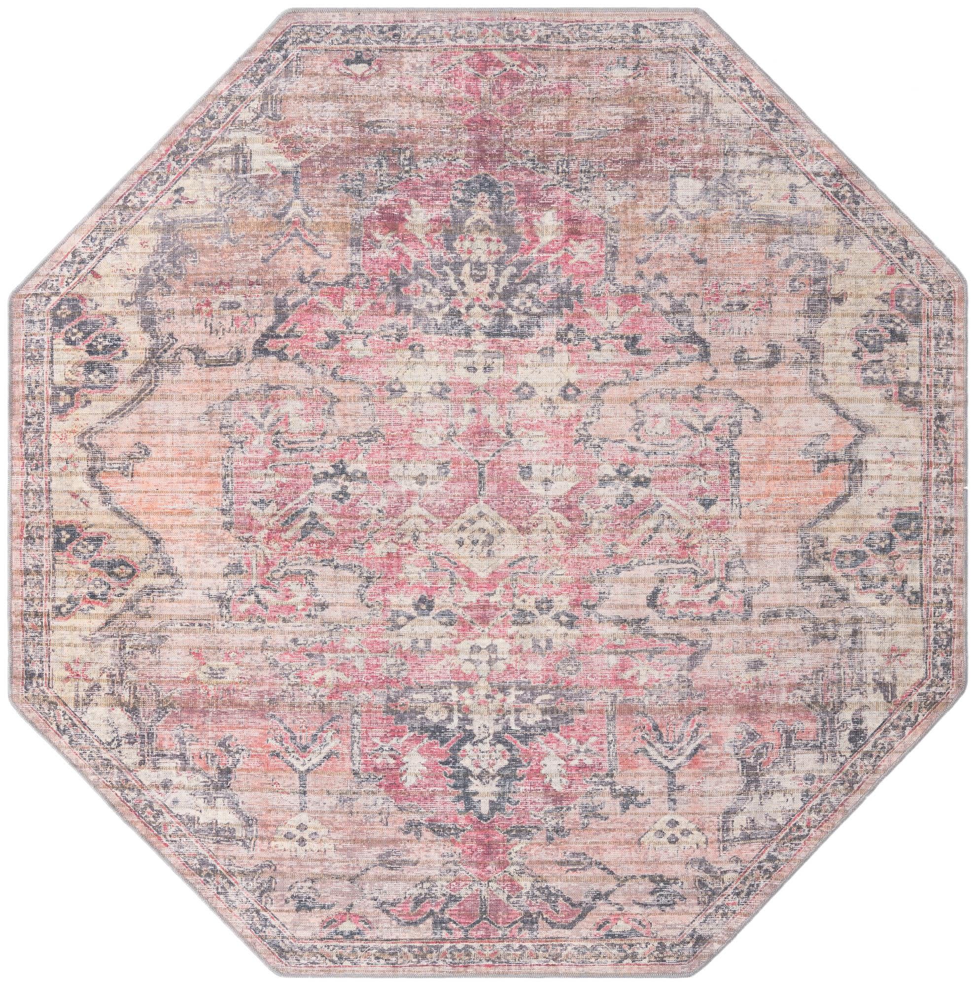 Beige Pink Octagonal Washable Synthetic Indoor Area Rug