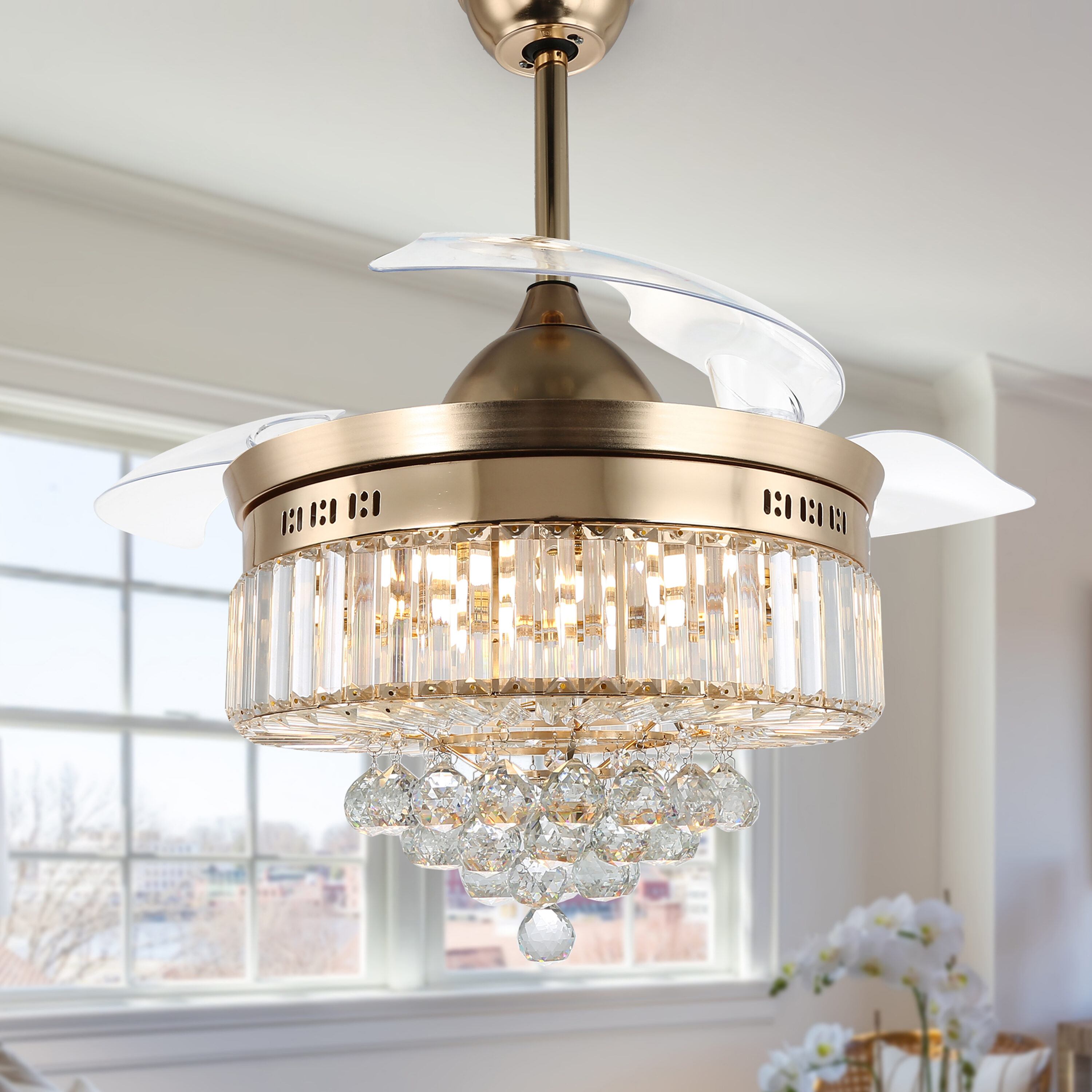Oaks Decor BD4208-G Calais 42-in Color-Changing Integrated LED Gold with Clear Blades Fandelier Ceiling Fan With Light - Remote Included ( 3 -Blade )