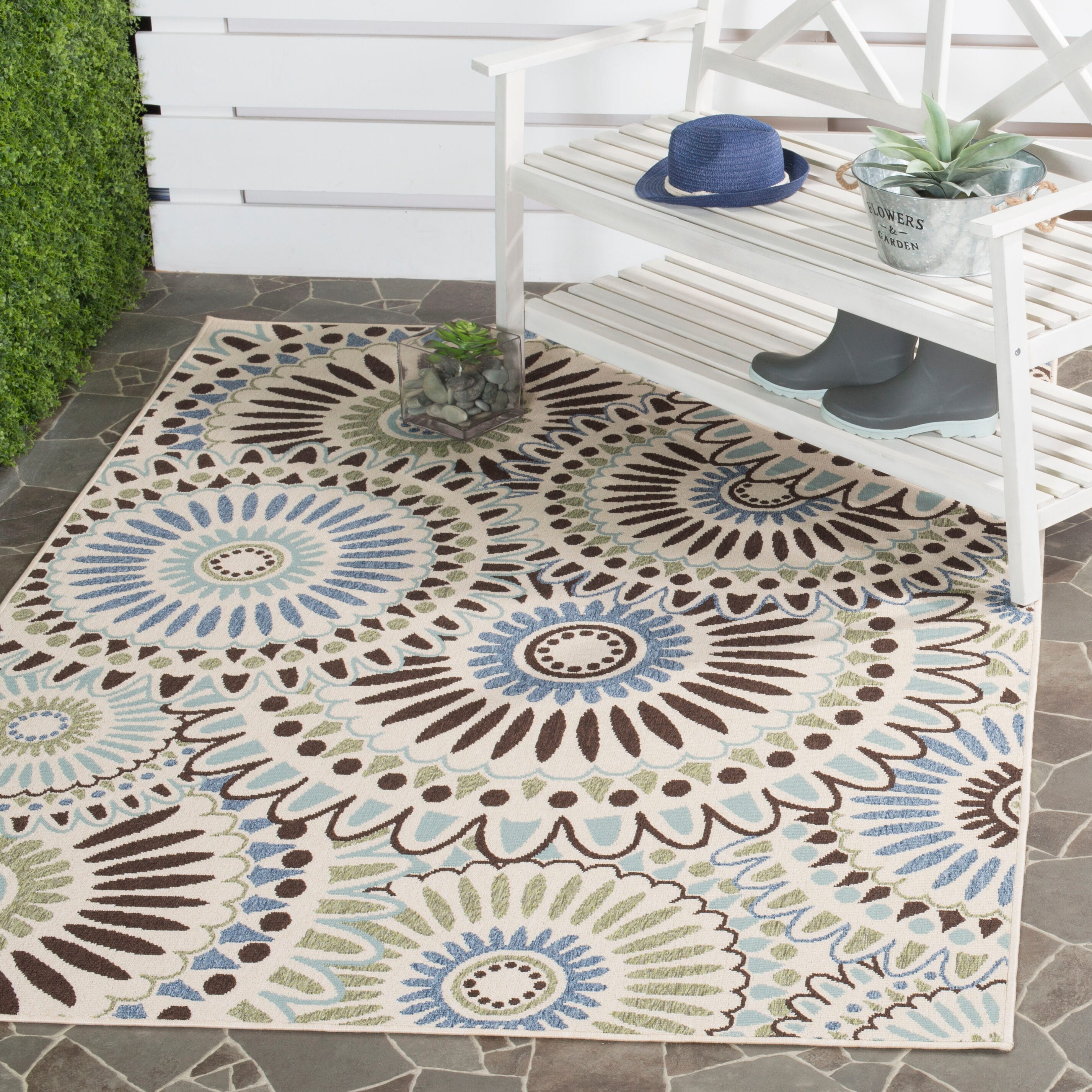 Safavieh VER091-0612-7SQ Veranda Sissy 7 x 7 (ft) Loomed Synthetic Cream/Brown Square Indoor/Outdoor Floral/Botanical Coastal Area rug