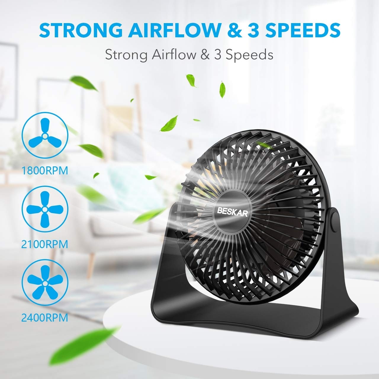 Aoibox  USB Small Desk Fan with 3 Speeds Strong Airflow Quiet Operation 360 Degree Rotating Head and 3 Point 9 ft Cord for Personal Cooling