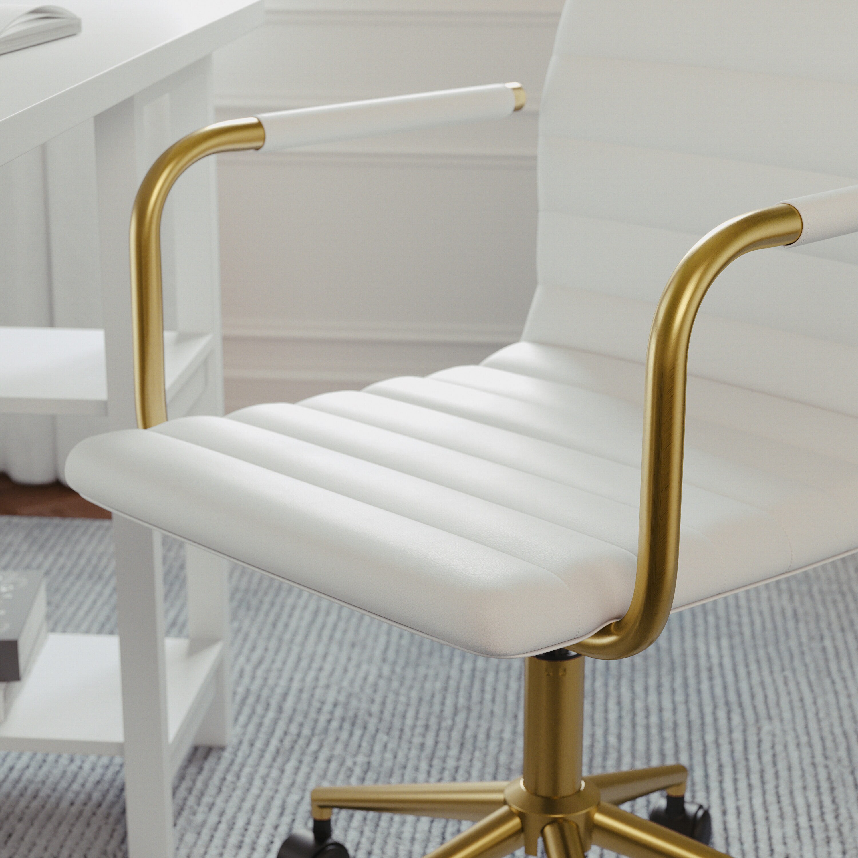 White Faux Leather Executive Swivel Office Chair with Brass Frame
