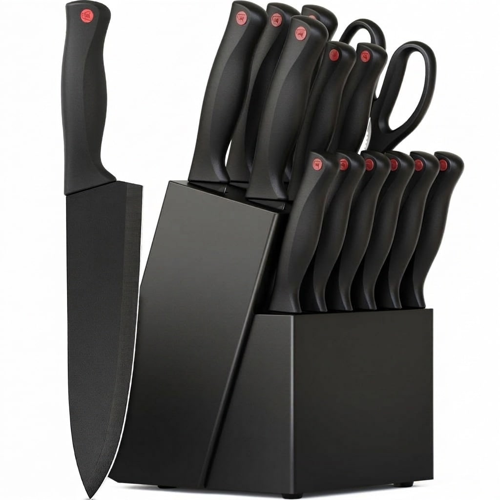 Afoxsos 15 Piece Kitchen Knife Set with Built In Sharpener German Stainless Steel Dishwasher Safe Nonstick Black Coating Includes Chef Santoku #L05AF07033